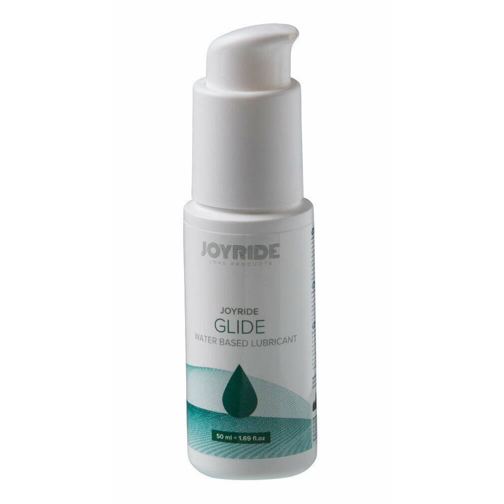 Weiße Flasche mit Pumpkopf. Aufschrift: JOYRIDE GLIDE, Wasserbasiertes Gleitmittel. Grüner Tropfen-Grafik. Volumenangabe.