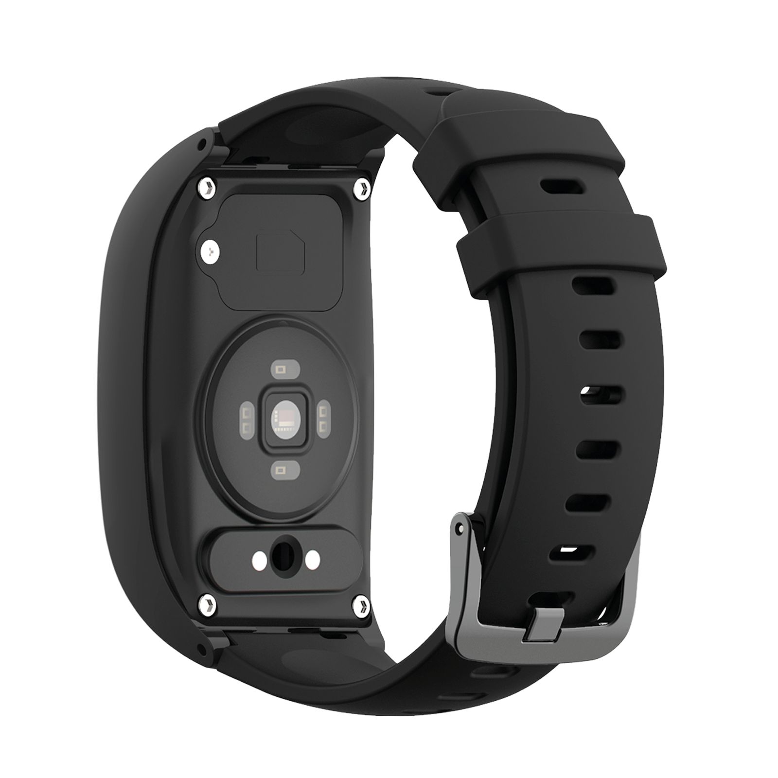 Rückseite einer schwarzen Smartwatch mit Herzfrequenzsensor und Ladekontakten.