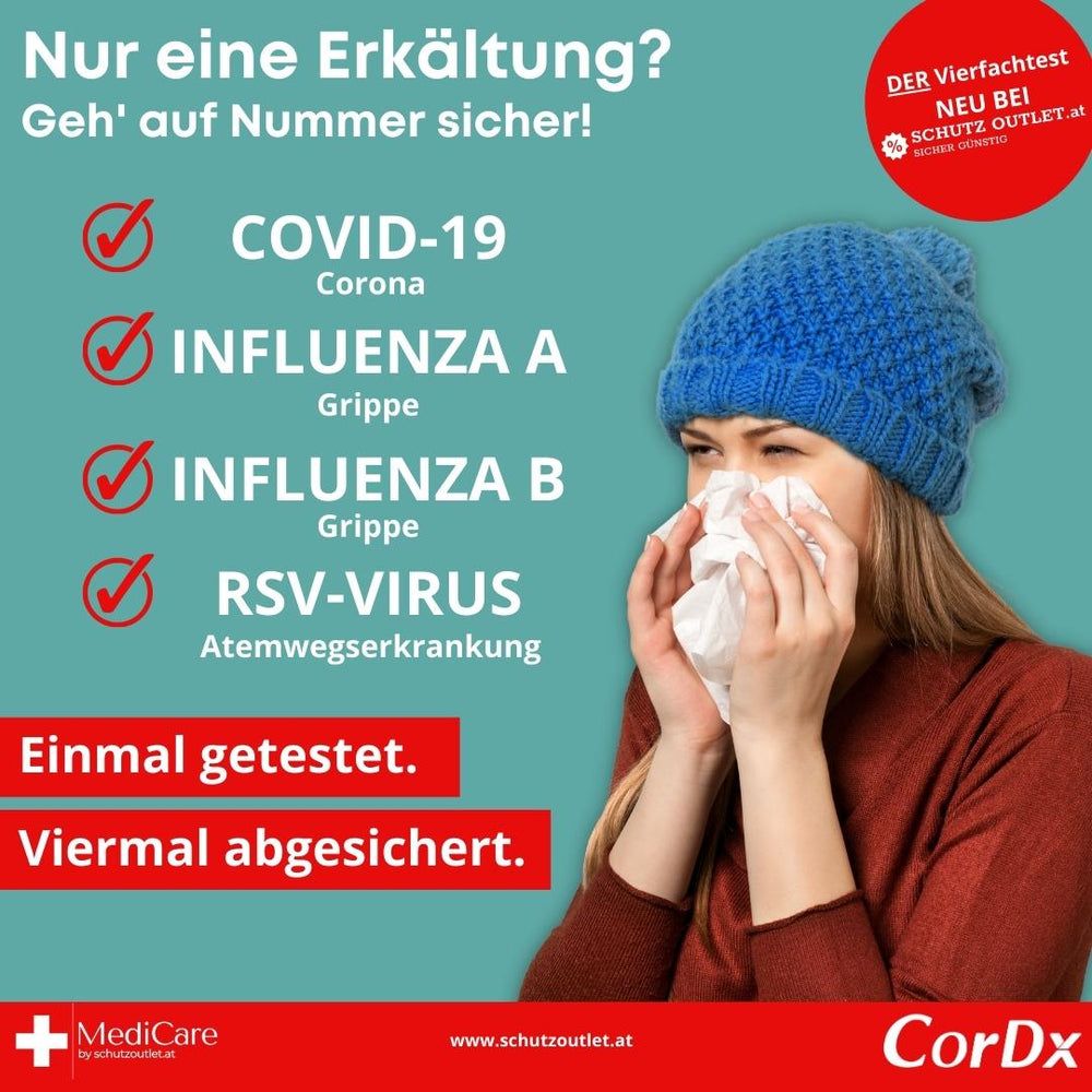 Frau mit blauem Hut hält Taschentuch. Text: COVID-19, Influenza A/B, RSV-Virus. Der Viertest. Einmal getestet, viermal abgesichert.