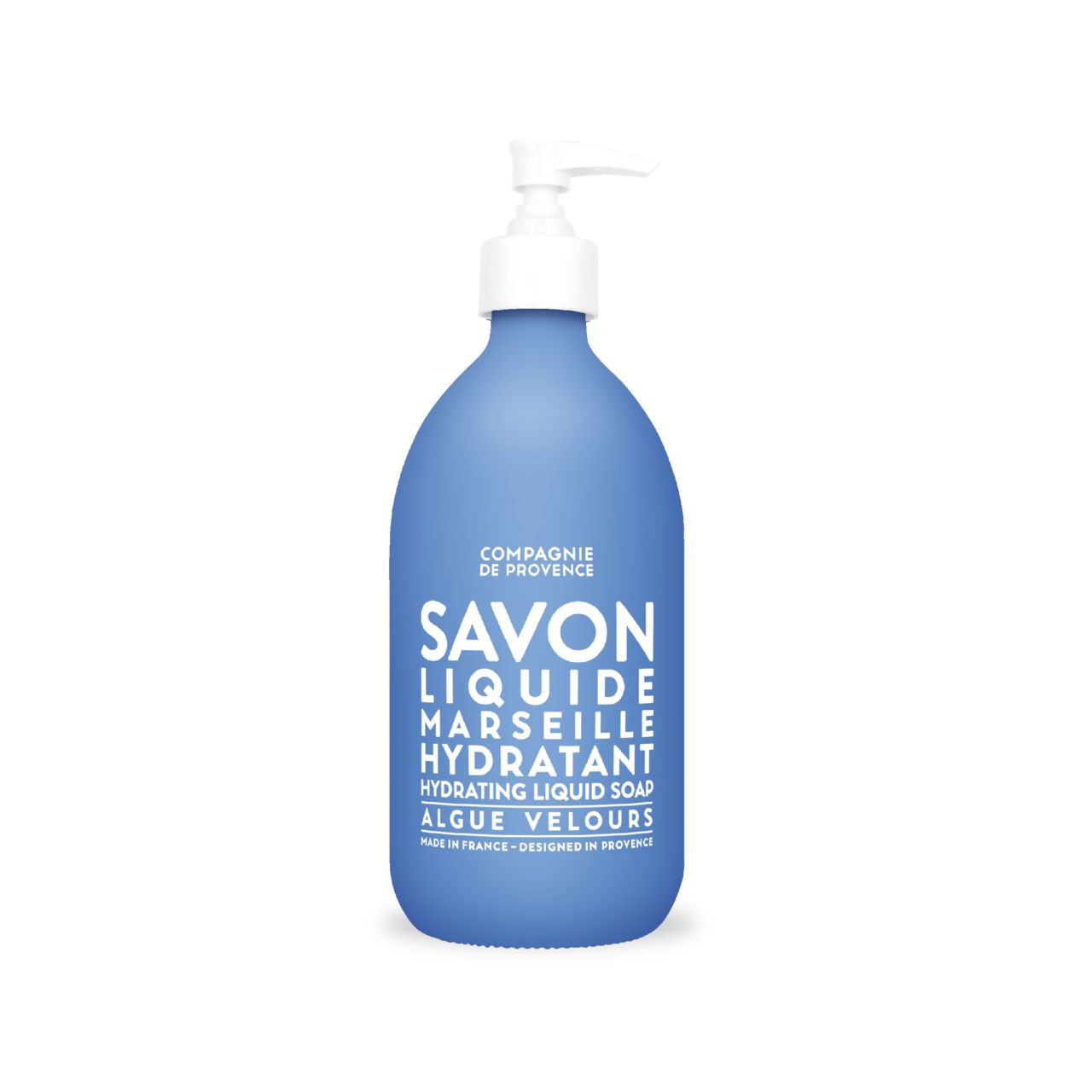 Blaue Flasche mit weißem Pumpkopf. Aufschrift: Compagnie de Provence, Savon Liquide, Marseille Hydratant, Algue Velours.
