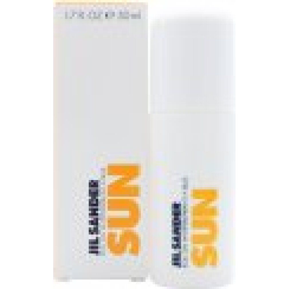 Jil Sander Sun Roll-On Antiperspirant, 50ml, weiße Verpackung und Flakon mit orangefarbenem Schriftzug.