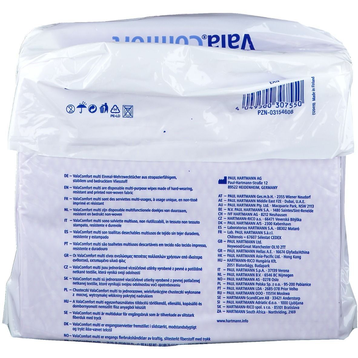 Weißes Paket mit Produktinformationen und dem Markennamen Vala Comfort. Mehrzwecktücher, 34 x 38 cm.