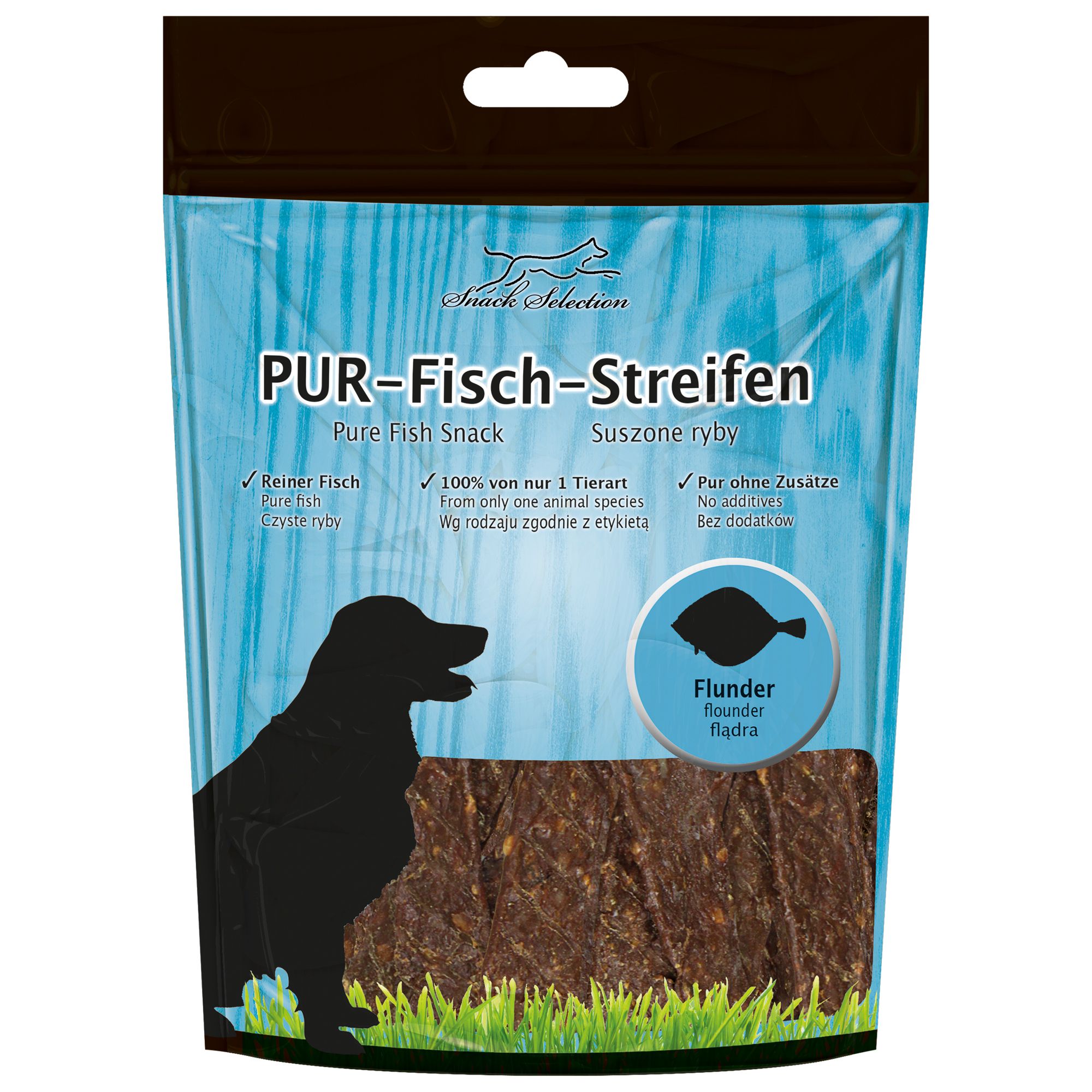 Verpackung mit Fisch-Kaustreifen. Text: PUR-Fisch-Streifen, Flunder. Marke: Snack Selection. Enthält Text in Englisch, Polnisch und Russisch.