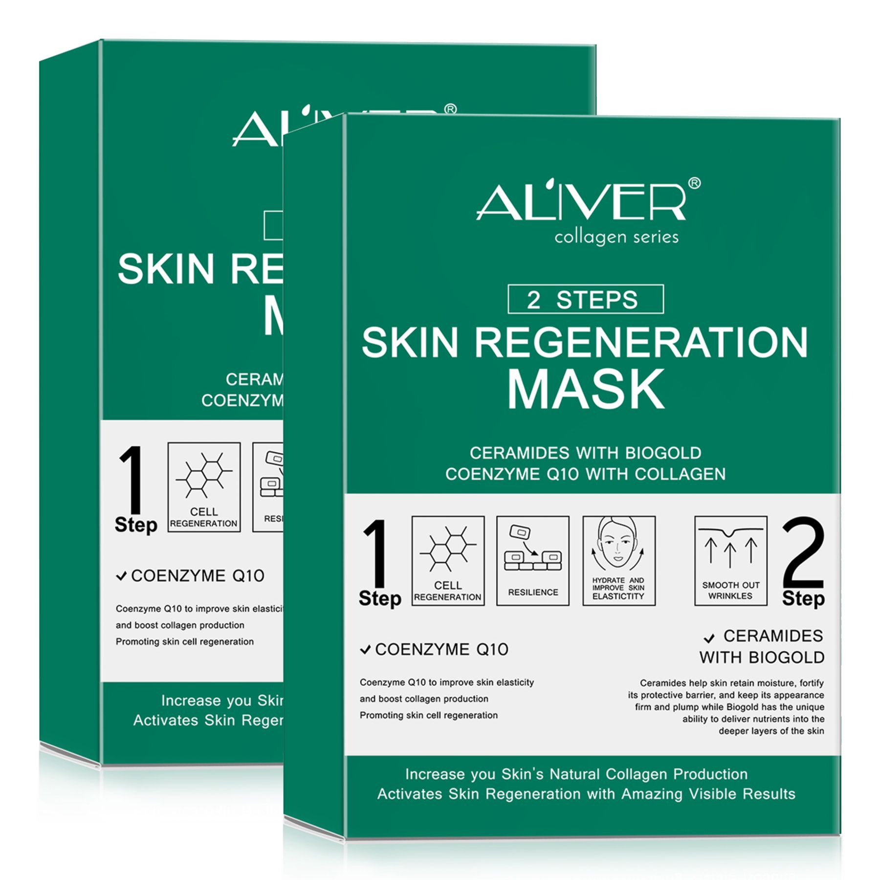 Zwei Packungen ALIVER Skin Regeneration Mask mit Kollagen und Coenzym Q10.