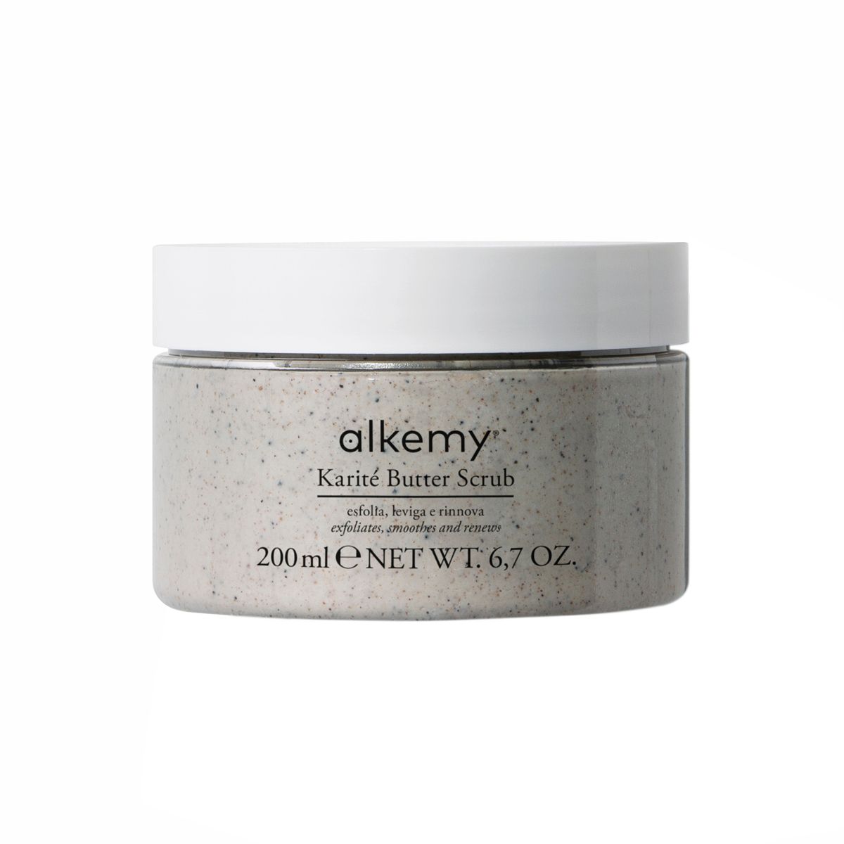 Alkemy Karité Butter Scrub Körperpeeling in einem Glasbehälter auf weißem Hintergrund.