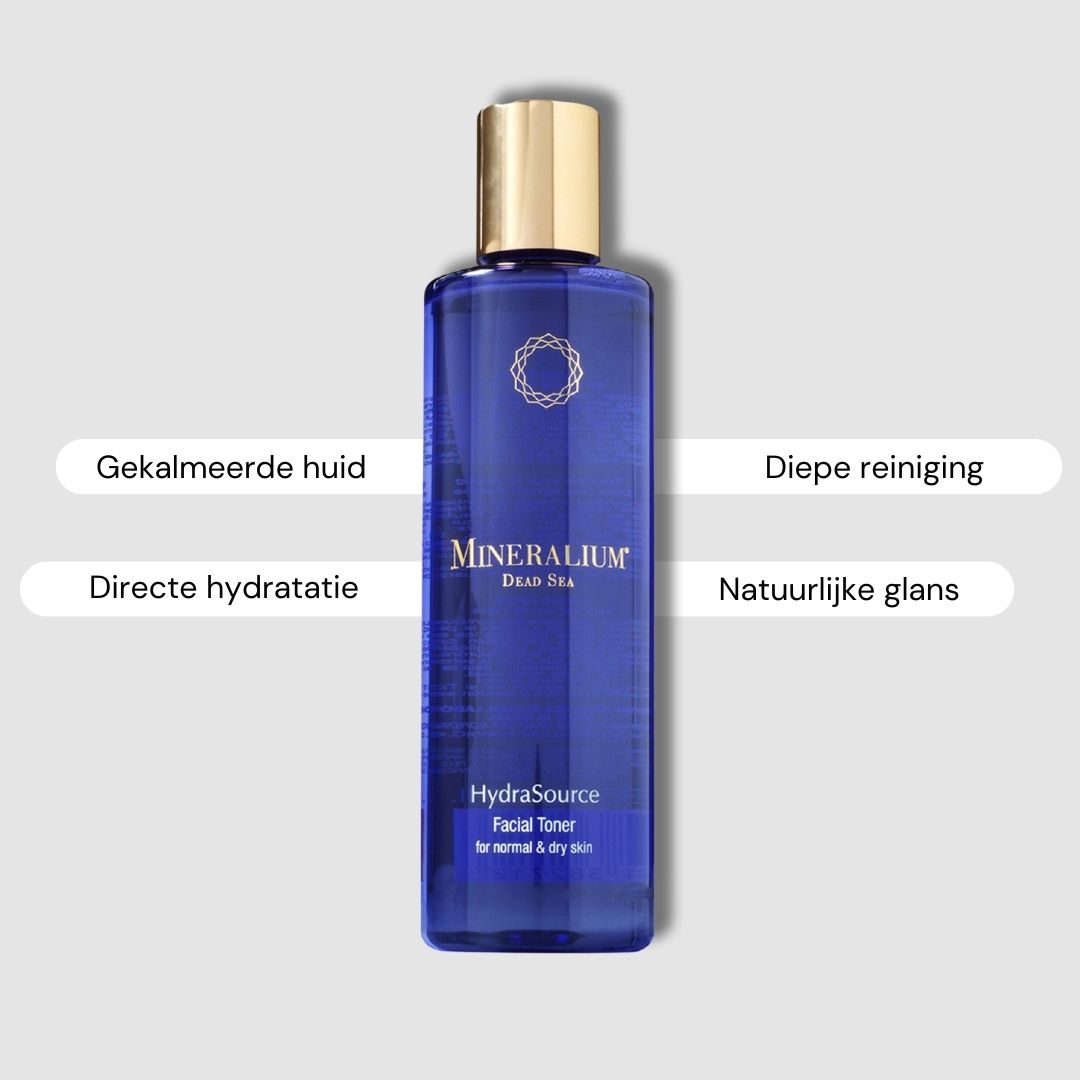 Blauwe gezichtstonic met gouden dop. Opschrift: Mineralium, Dead Sea, HydraSource, Facial Toner.