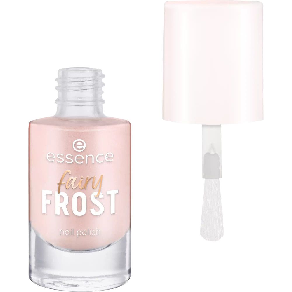 Nagellackflasche geöffnet, Pinsel daneben. Aufschrift: essence fairy FROST nail polish. Rosa schimmernde Flüssigkeit.
