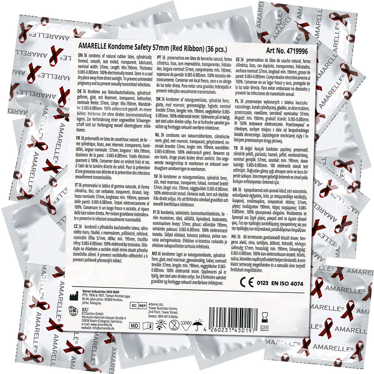 36 einzeln verpackte Kondome. Verpackung mit Produktinformationen und rotem Bandmuster. ISO 4074-Zertifizierung.