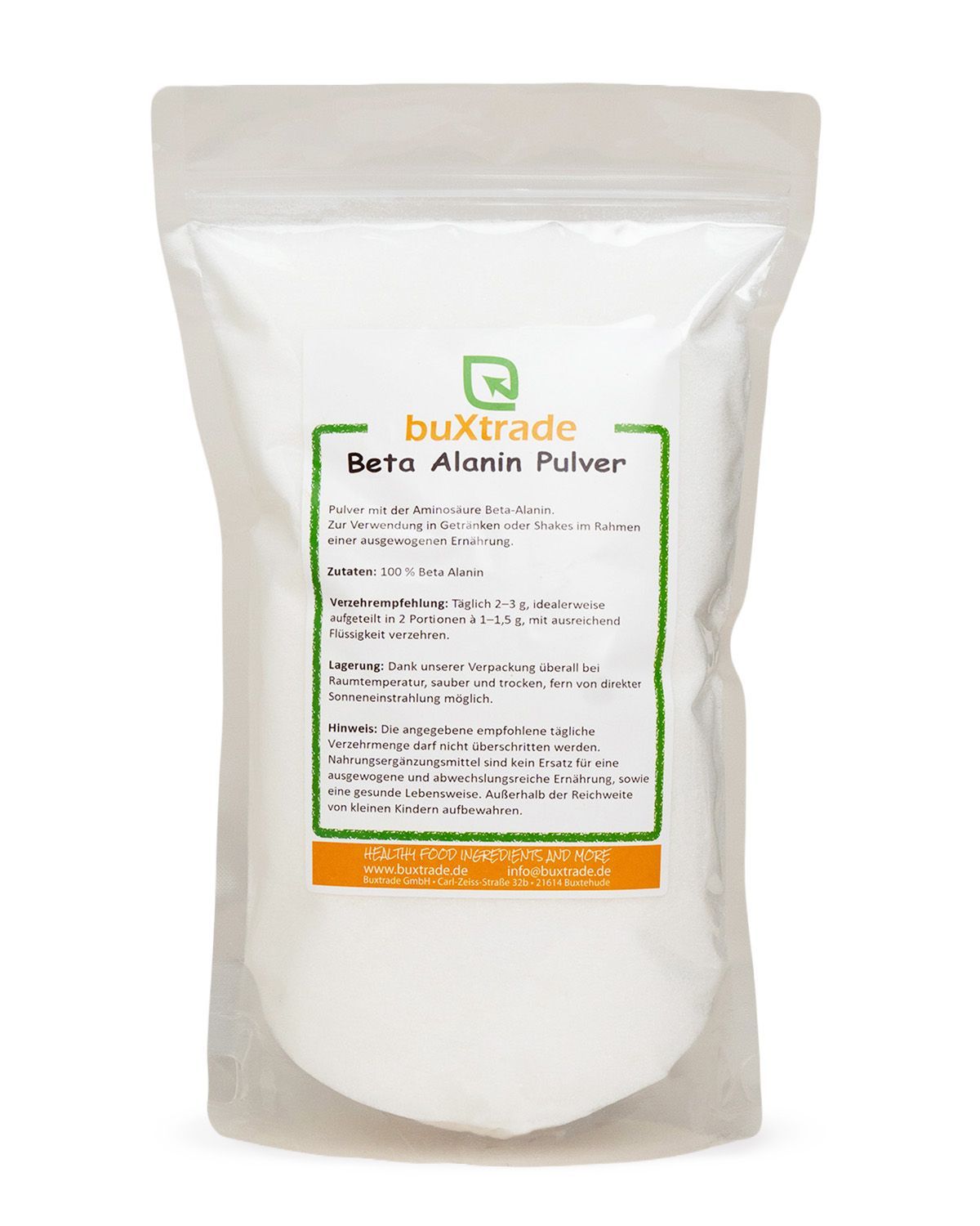 Buxtrade Beta Alanin Pulver in weißer Standbodenbeutel-Verpackung mit Etikett.