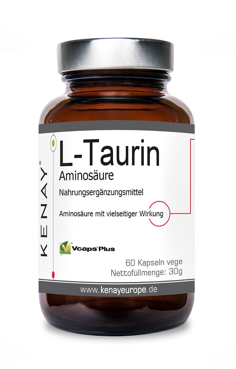 Braune Glasflasche mit weißem Etikett. L-Taurin Aminosäure, Nahrungsergänzungsmittel. KENAY-Logo. 60 Kapseln.