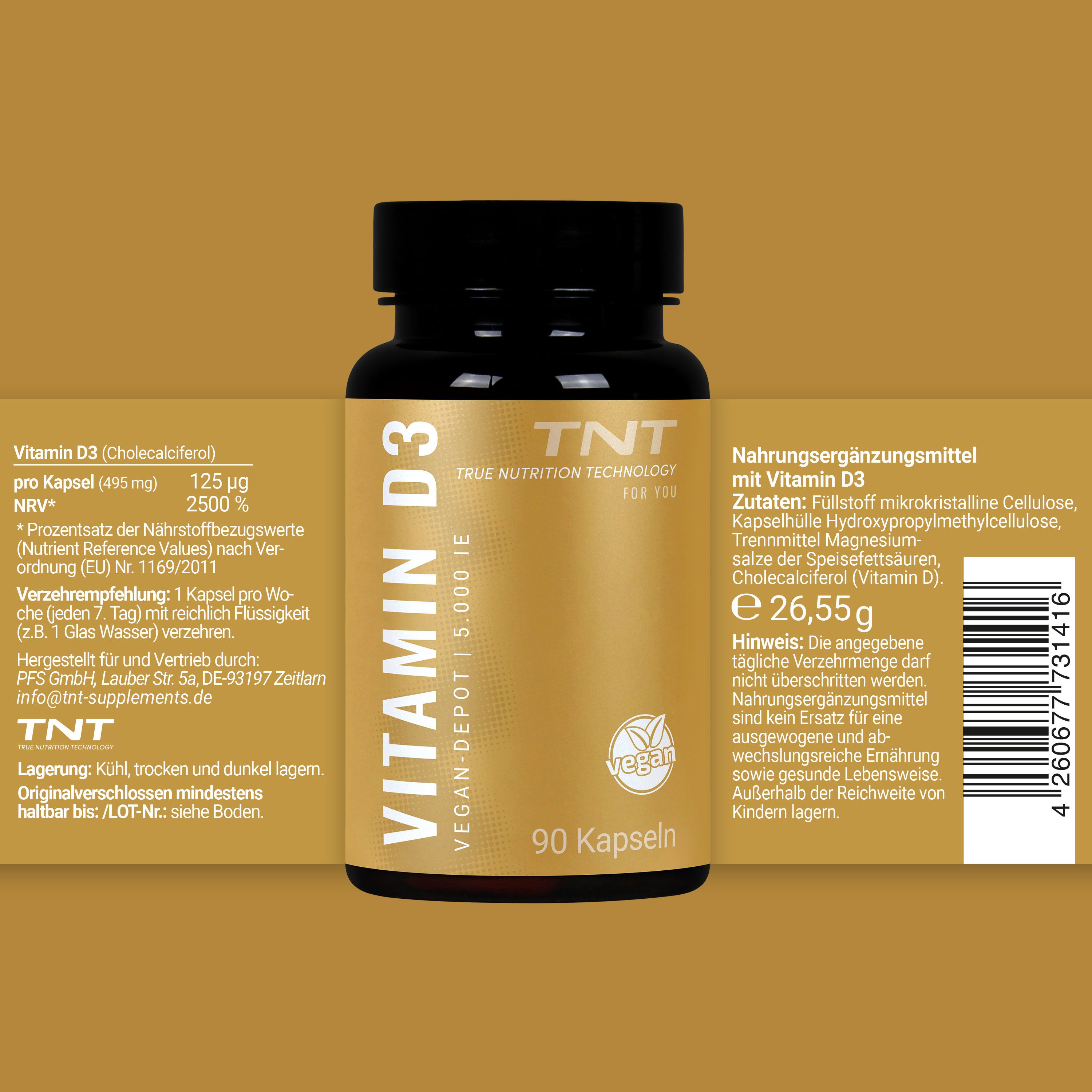 Braune Flasche mit Vitamin D3 Kapseln. Aufschrift: Vitamin D3 5.000 IE. Enthält 90 Kapseln. Vegan.