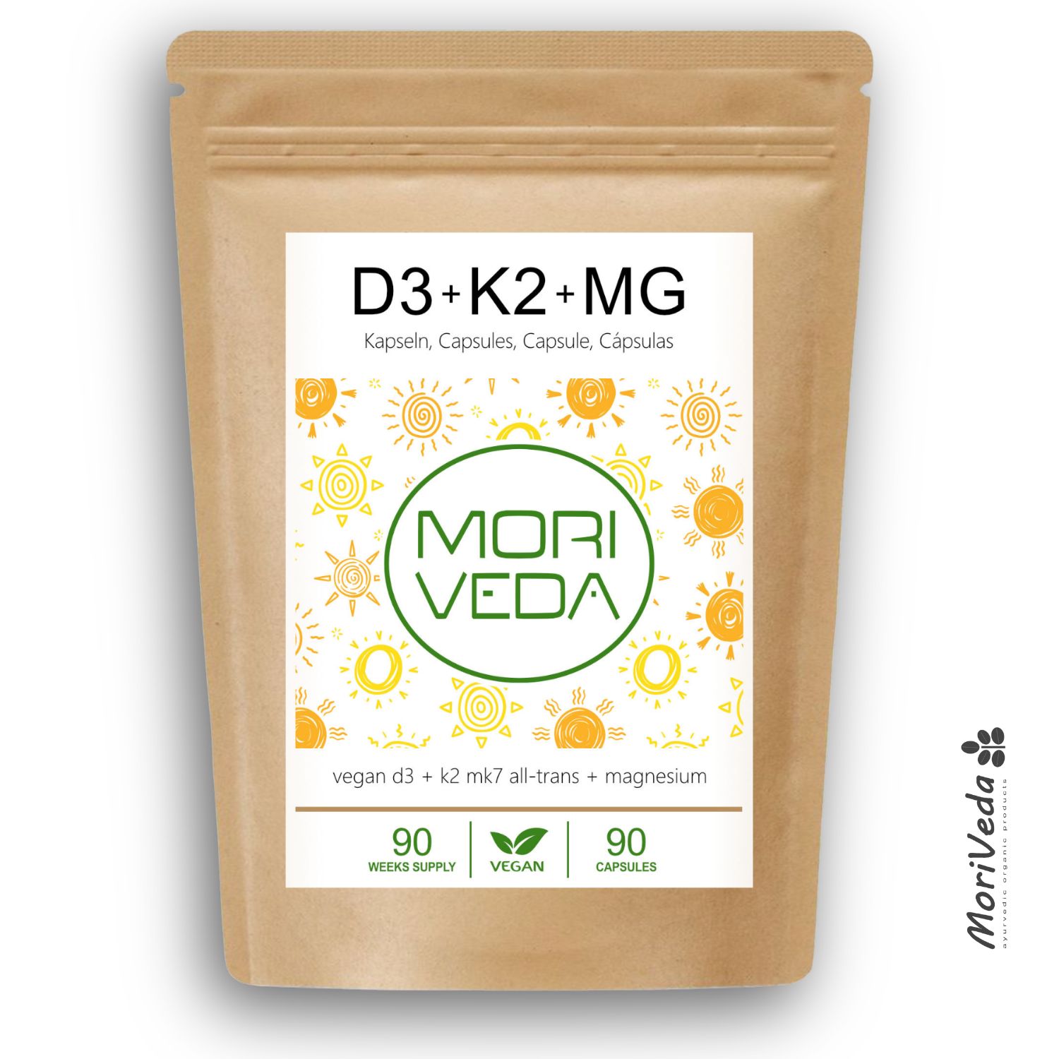 Moriveda Vegane Vitamin D3+K2+Magnesium Kapseln – 7000 I.E D3, 200 µg K2 Mk7, laborgeprüft 90 St