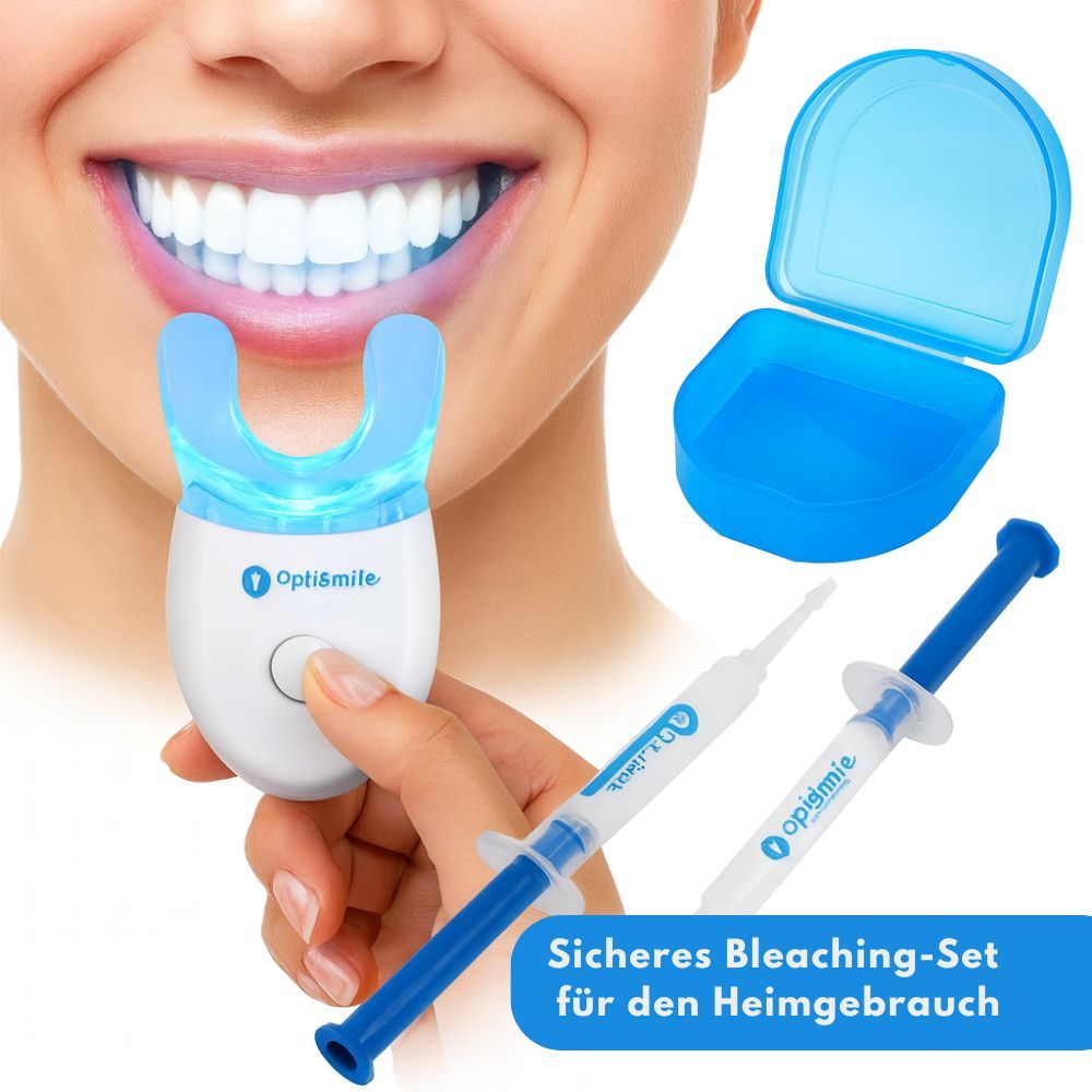 Frau mit gebleichten Zähnen. OptiSmile-Gerät, Spritzen und blaue Aufbewahrungsbox sind sichtbar.