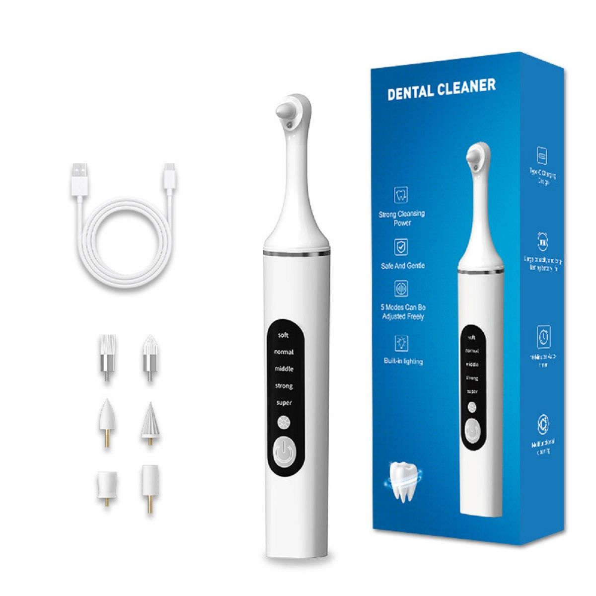 Zahnpolierer-Set mit LED, weiß. Enthält 6 Aufsätze, USB-Kabel und Verpackung. Auf der Verpackung steht "Dental Cleaner".