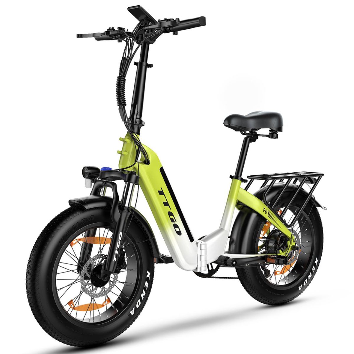 Faltbares E-Bike, grün-weiß, mit Gepäckträger, schwarzem Sattel und Reifen. Marke TTGO, Modell F6.