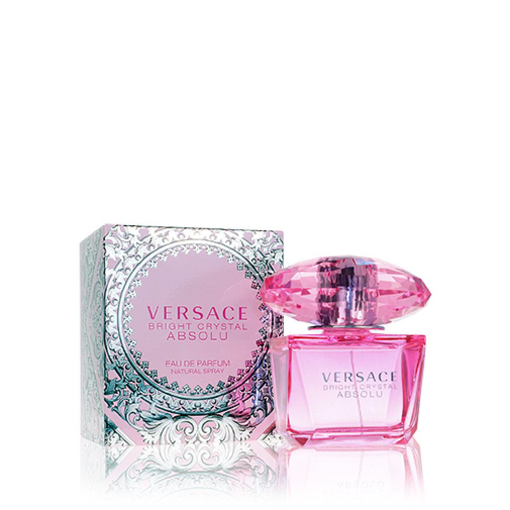 Rosa Flakon und Verpackung. Aufschrift: VERSACE BRIGHT CRYSTAL ABSOLU.