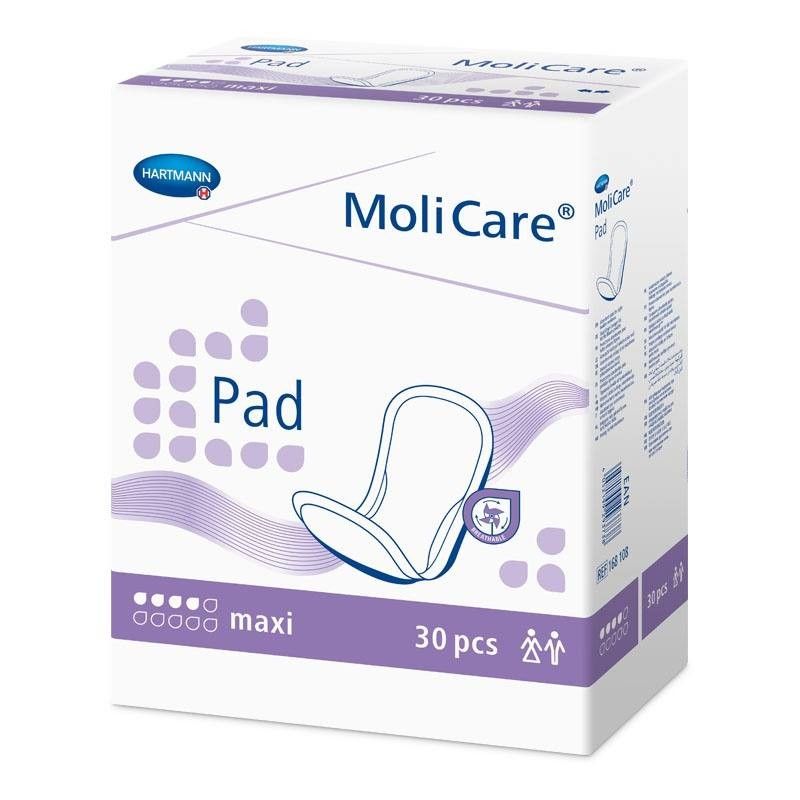 MoliCare Pad-Packung. Weißer Karton mit Produktabbildung. 30 Stück. Marke Hartmann.