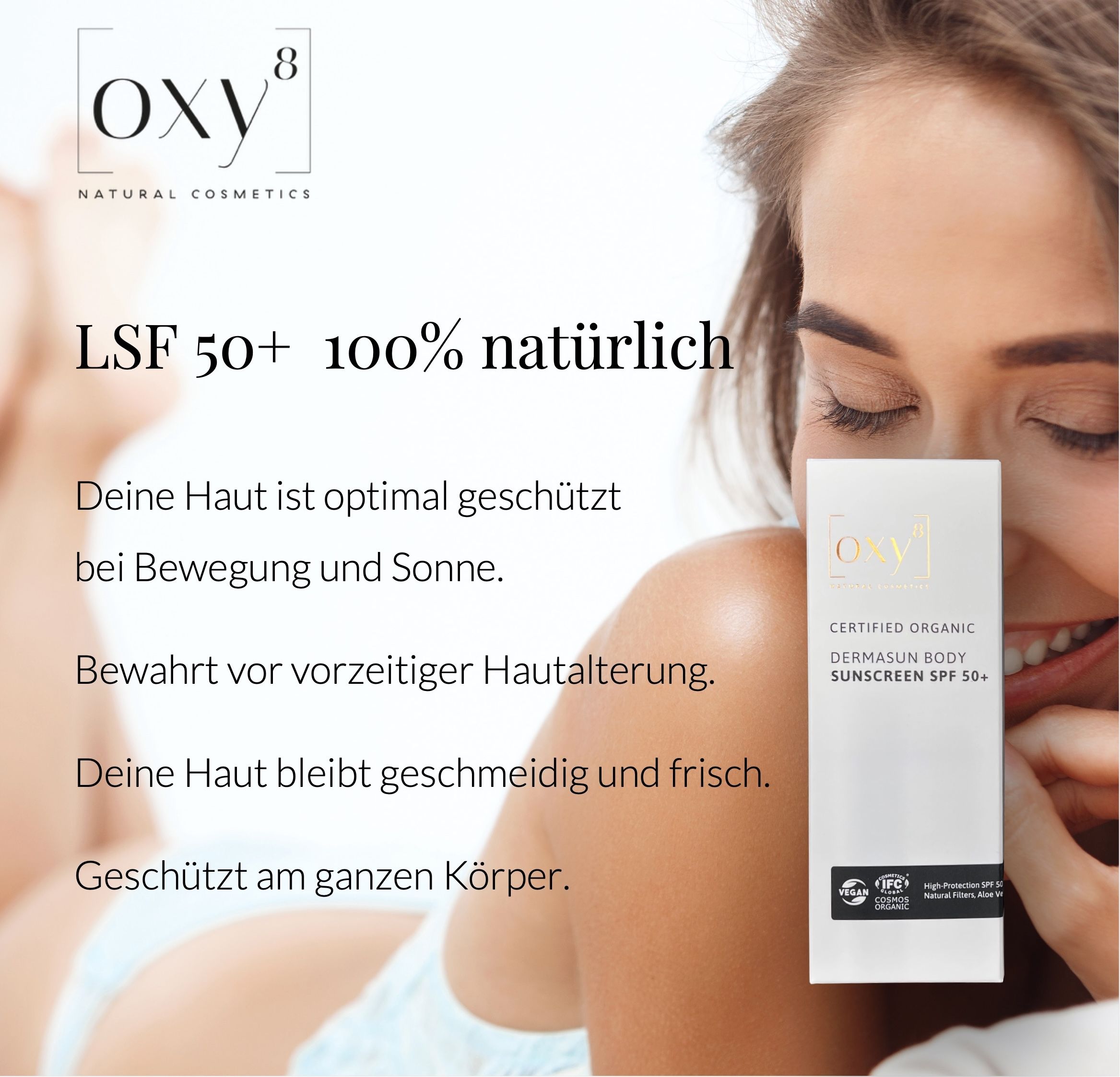 Frau liegt auf dem Bauch. Text: LSF 50+ 100% natürlich. Produktverpackung.