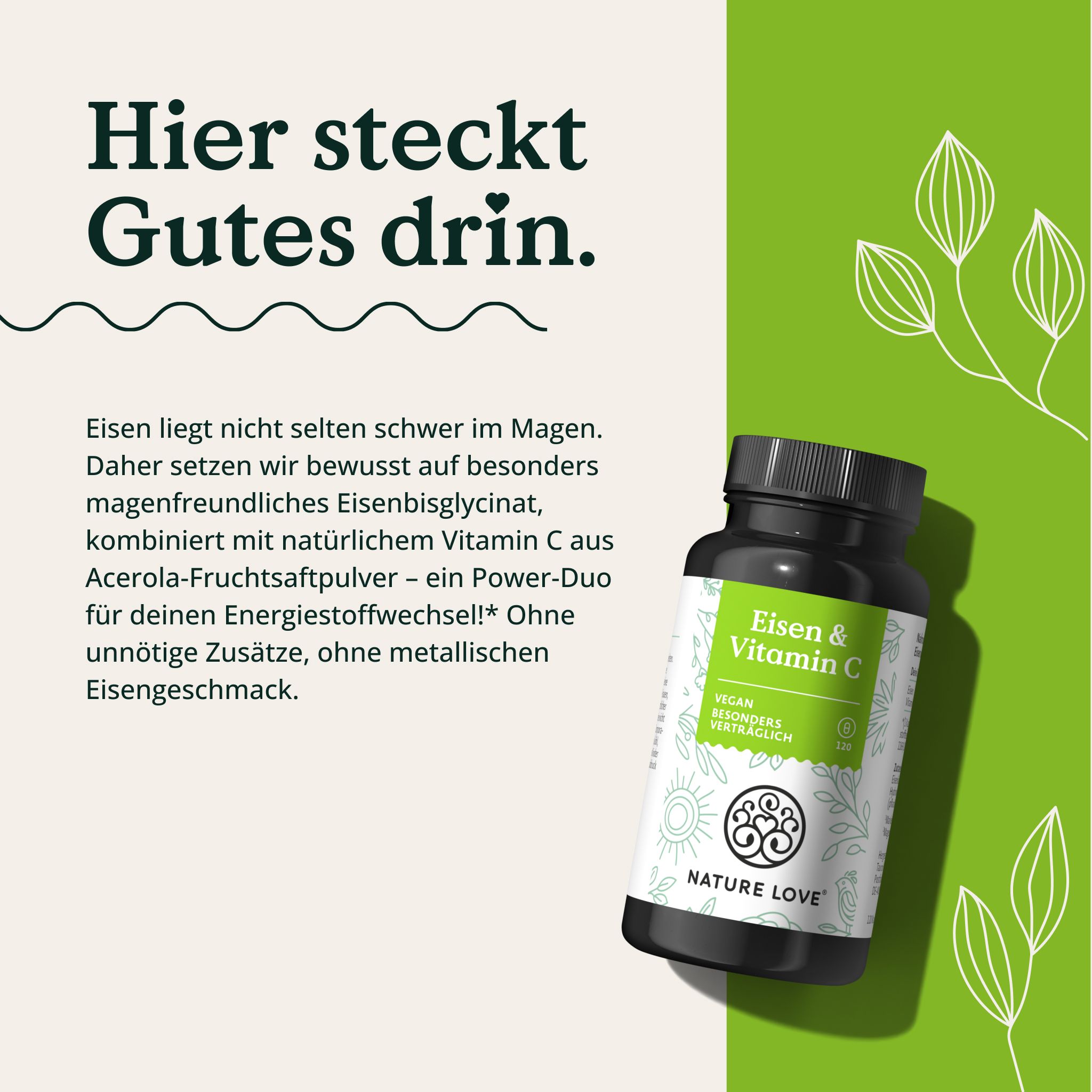 Produktflasche neben Text. Aufschrift: Eisen & Vitamin C, vegan, 120 Kapseln. Marke: NATURE LOVE®. Text über Eisen.