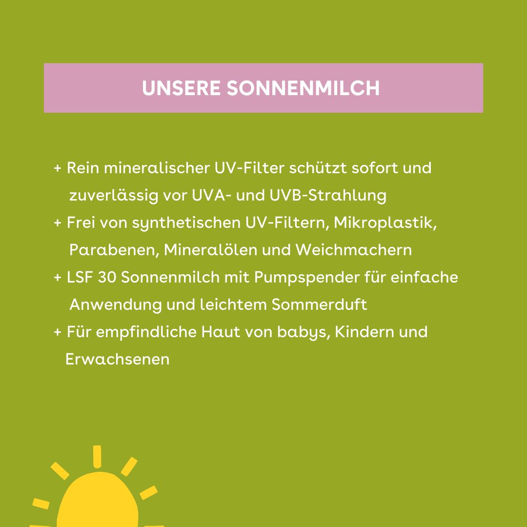 Text: Rein mineralischer UV-Filter, frei von synthetischen UV-Filtern, LSF 30 Sonnenmilch. Gelber Hintergrund.