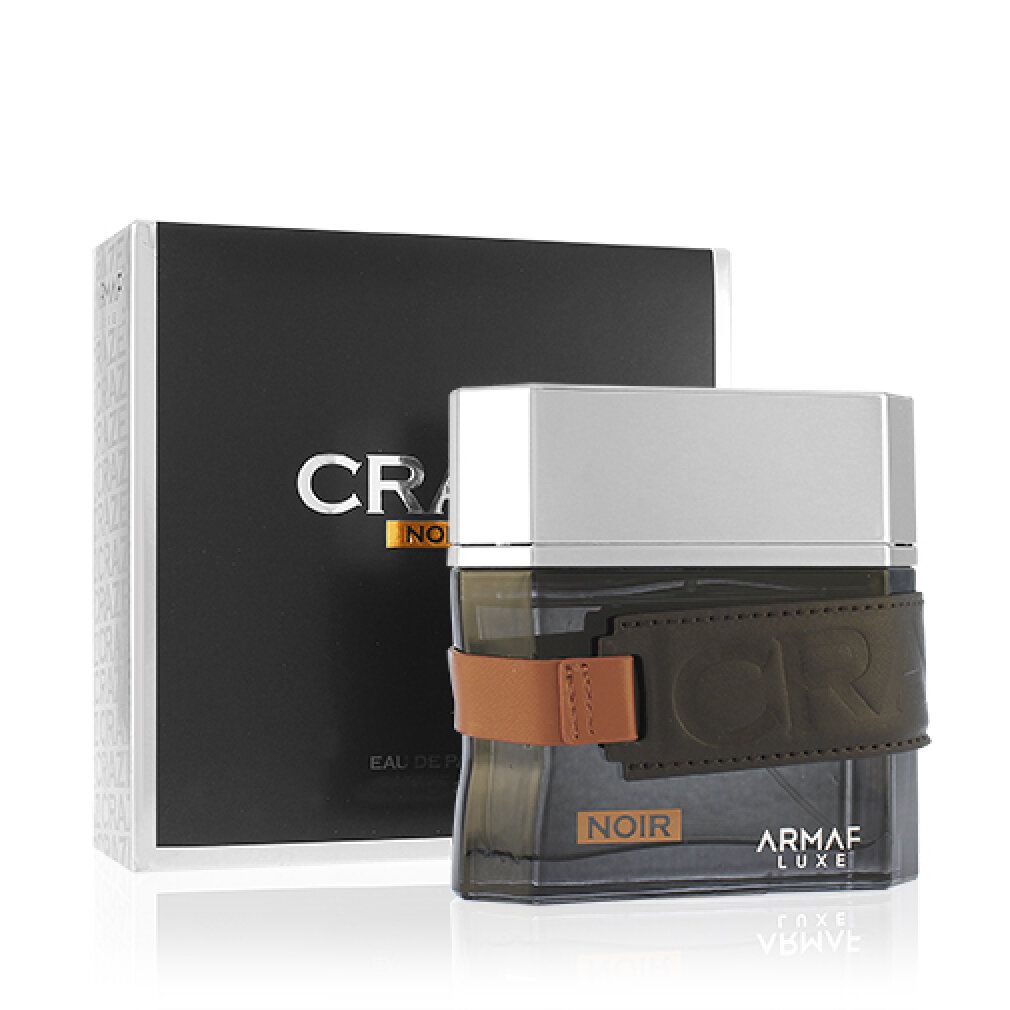 Schwarzer Flakon mit braunem Lederband und schwarzer Verpackung. Aufschrift: Craze Noir, Eau de Parfum, Armaf Luxe.