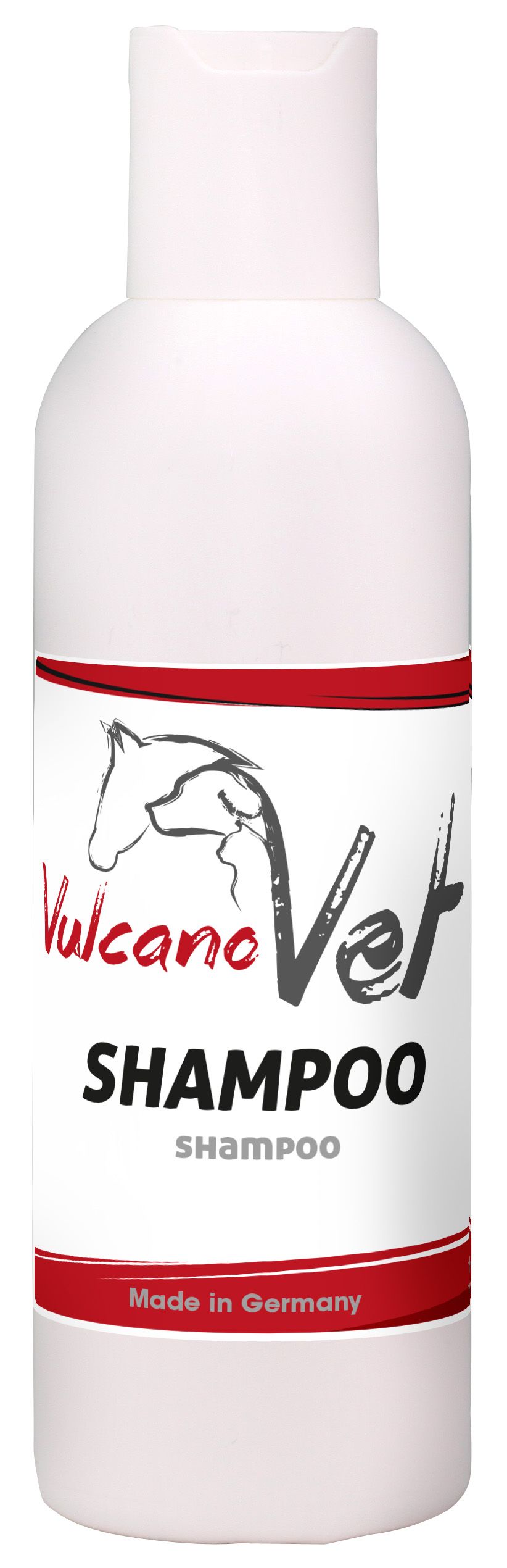 Weiße Flasche mit rotem Streifen und Aufschrift Vulcano Vet Shampoo. Hergestellt in Deutschland.