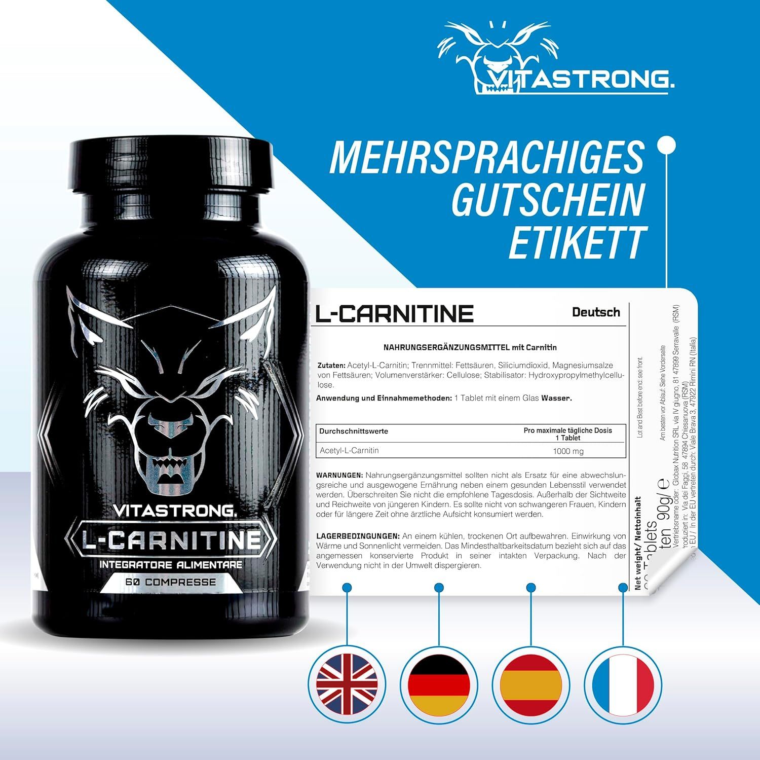 Vitastrong L-Carnitin, 60 Tabletten. Flasche mit Wolfslogo. Mehrsprachiges Gutschein-Etikett. Flaggen.