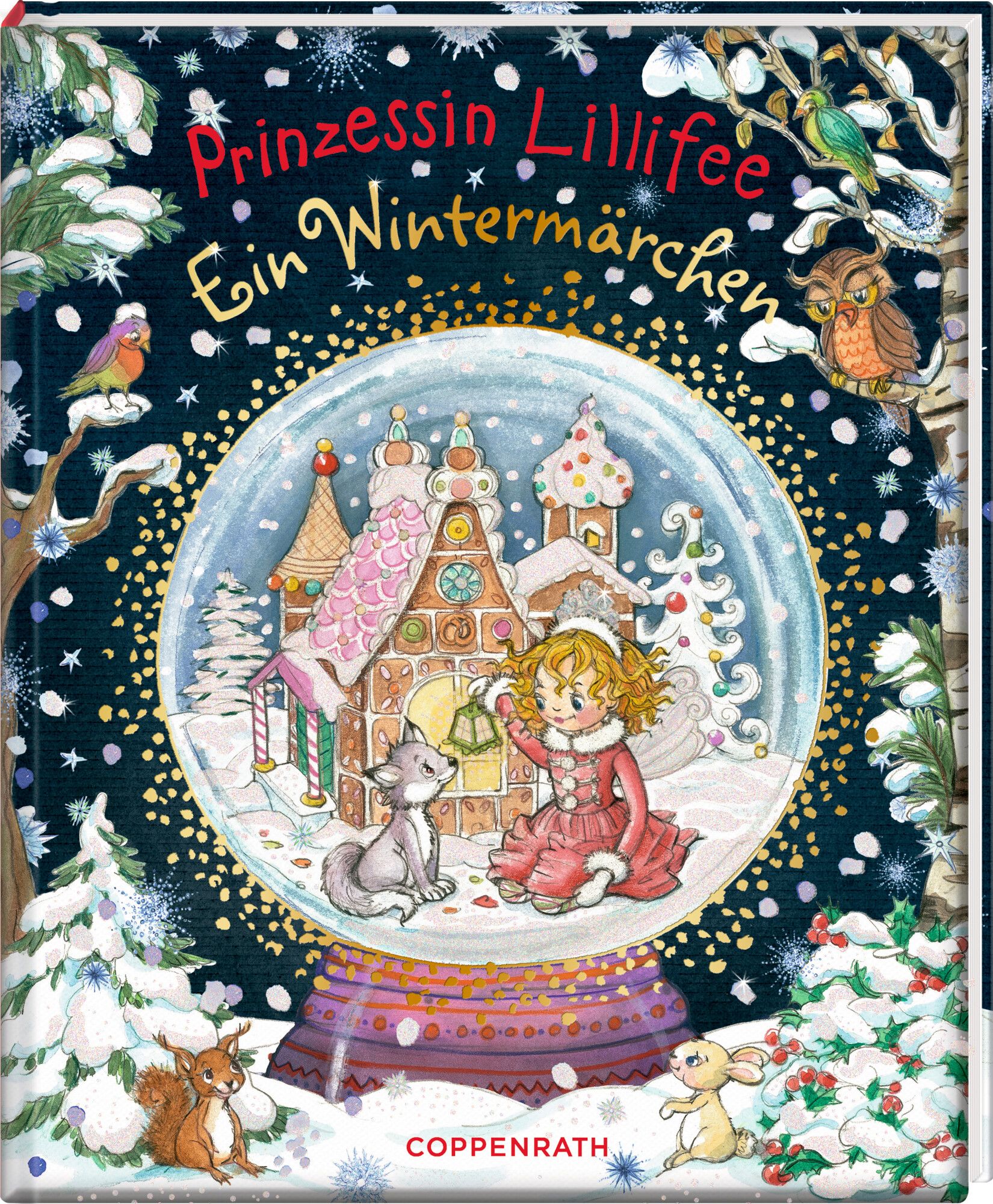 Buchcover mit Titel Prinzessin Lillifee - Ein Wintermärchen. Illustration einer Schneekugel mit Mädchen, Fuchs, Haus und Schnee.