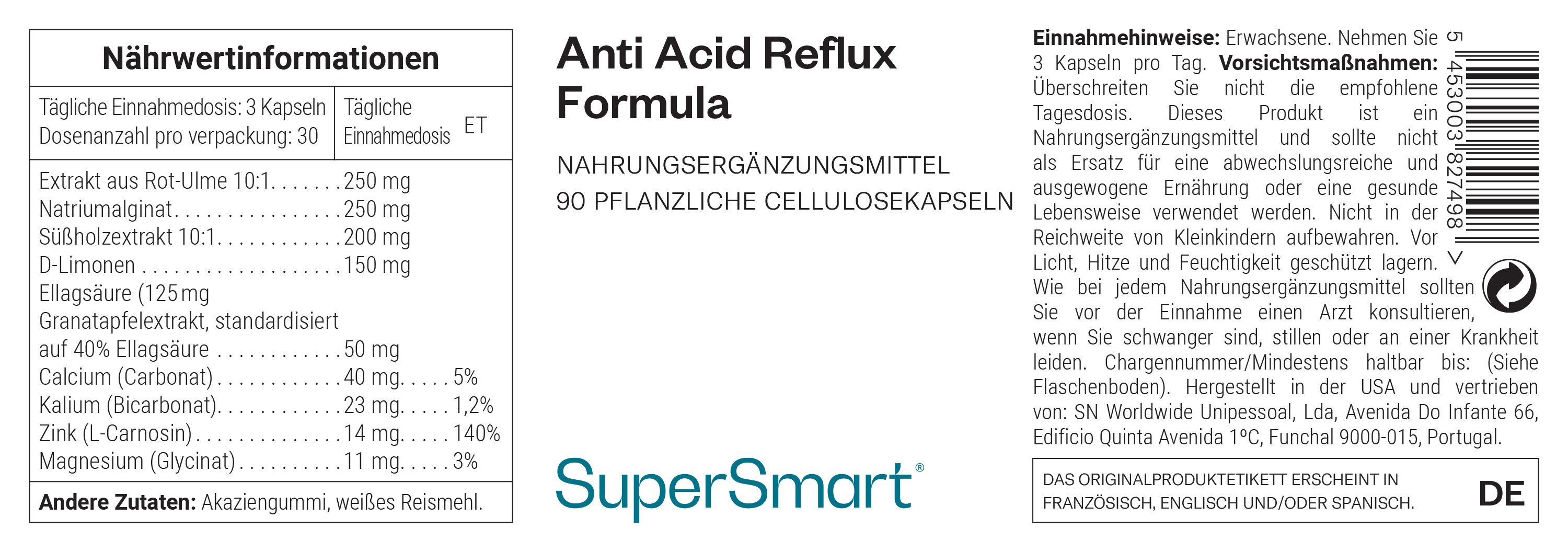 Etikett mit Produktinformationen. Enthält Text zu Inhaltsstoffen und Dosierung. Marke: SuperSmart. Produktname: Anti Acid Reflux Formula.