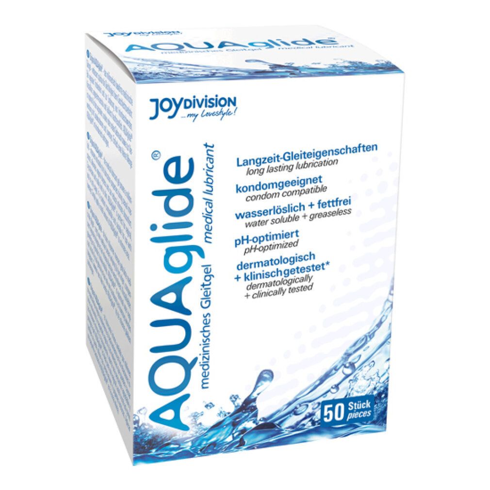 AQUAglide-Box. Medizinische Gleitgel. 50 Stück. Text: Langzeit-Gleiteigenschaften, kondomgeeignet, pH-optimiert, dermatologisch getestet.
