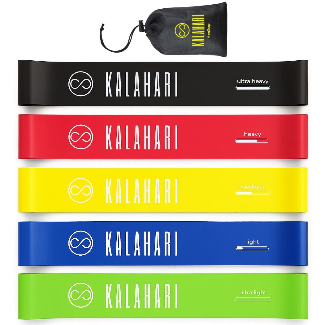 Fünf KALAHARI Fitness-Widerstandsbänder in Schwarz, Rot, Gelb, Blau und Grün mit Aufbewahrungsbeutel.