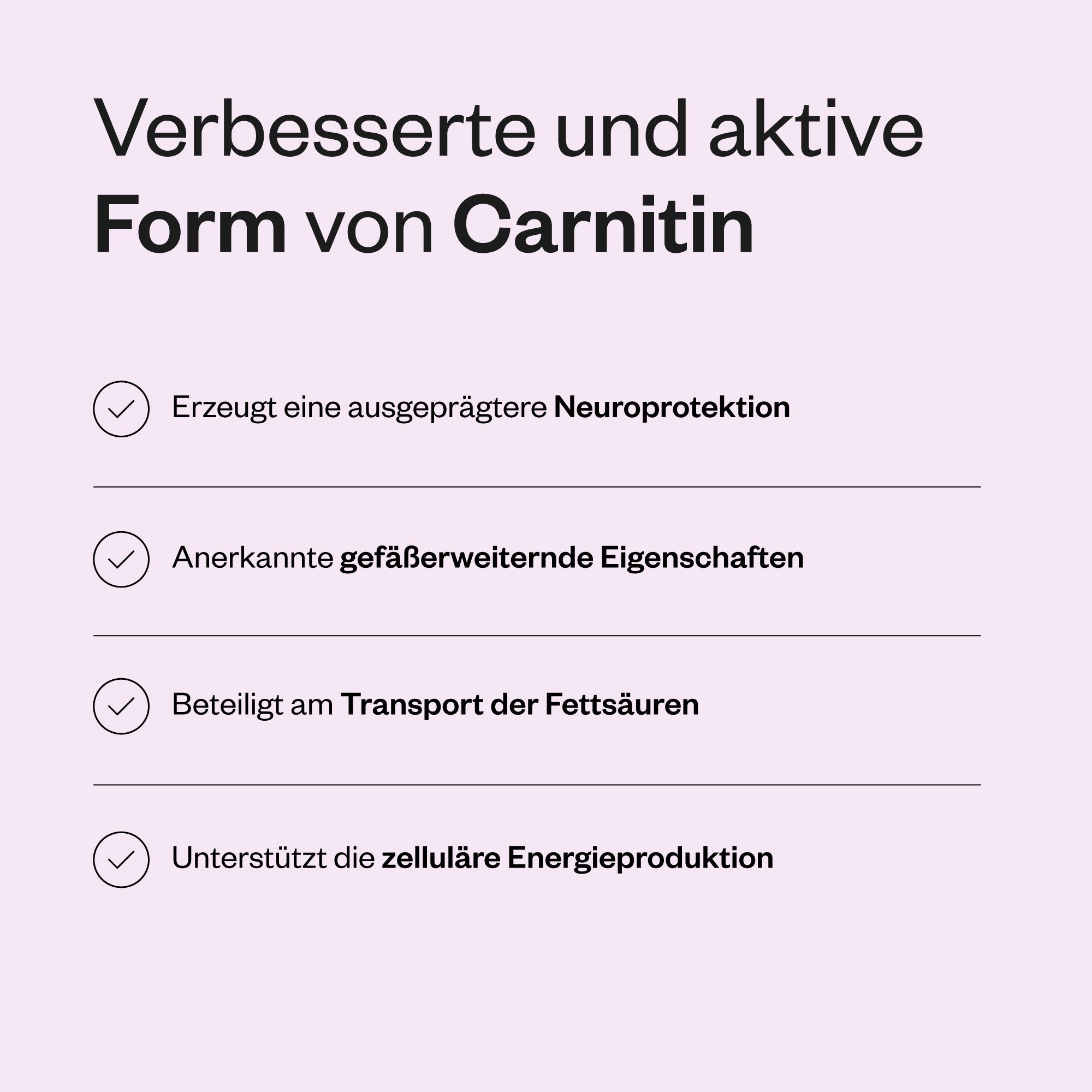 Textfeld mit Aufzählungspunkten. Beschreibt Vorteile von Carnitin: Neuroprotektion, gefäßerweiternde Eigenschaften, Transport von Fettsäuren, Energieproduktion.