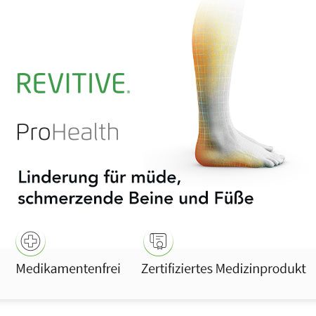 Text: REVITIVE ProHealth. Lindung für müde, schmerzende Beine und Füße. Medikamentenfrei. Zertifiziertes Medizinprodukt.