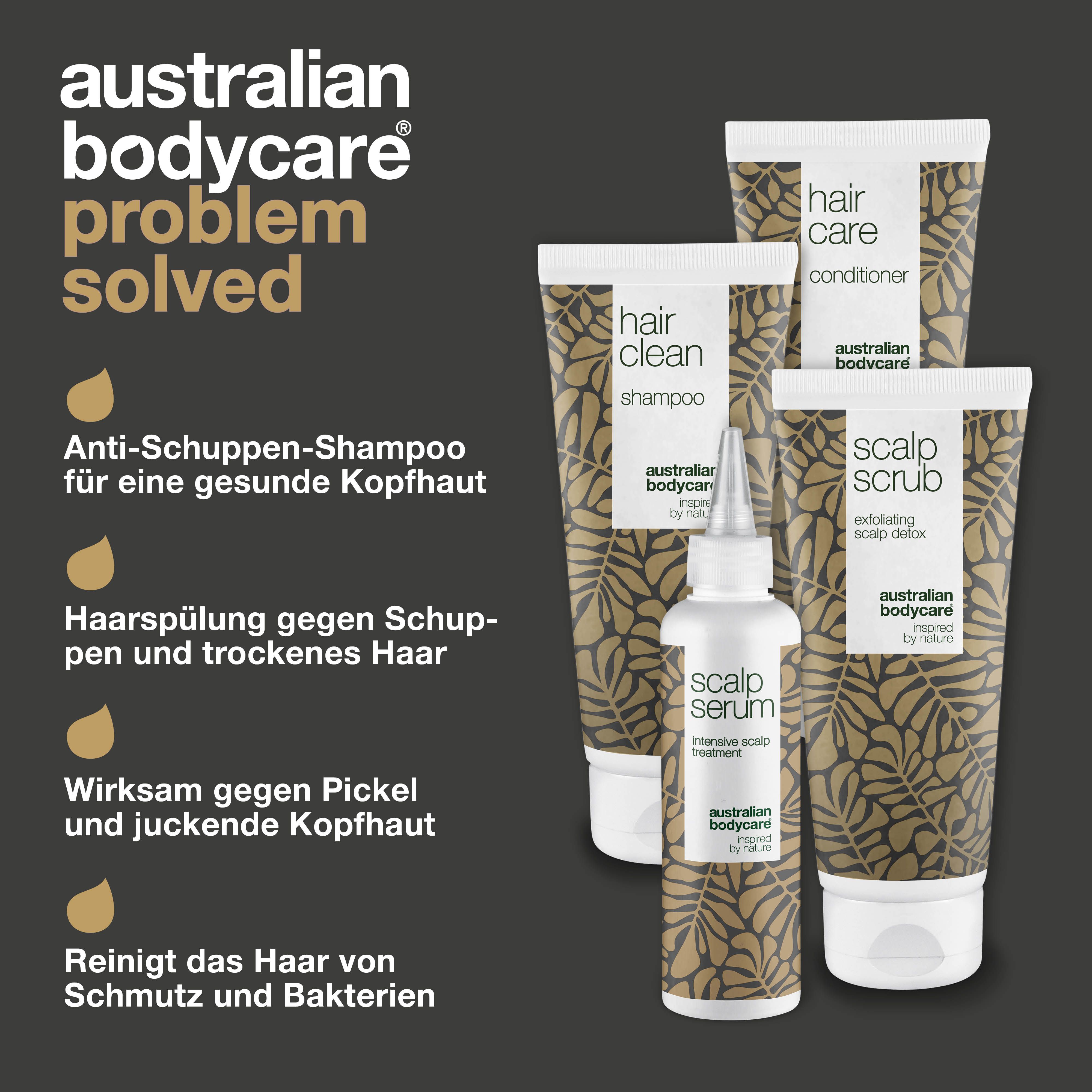 Problem gelöst. Anti-Schuppen-Shampoo, Haarspülung, Serum. Produkte: Shampoo, Peeling, Conditioner, Serum.