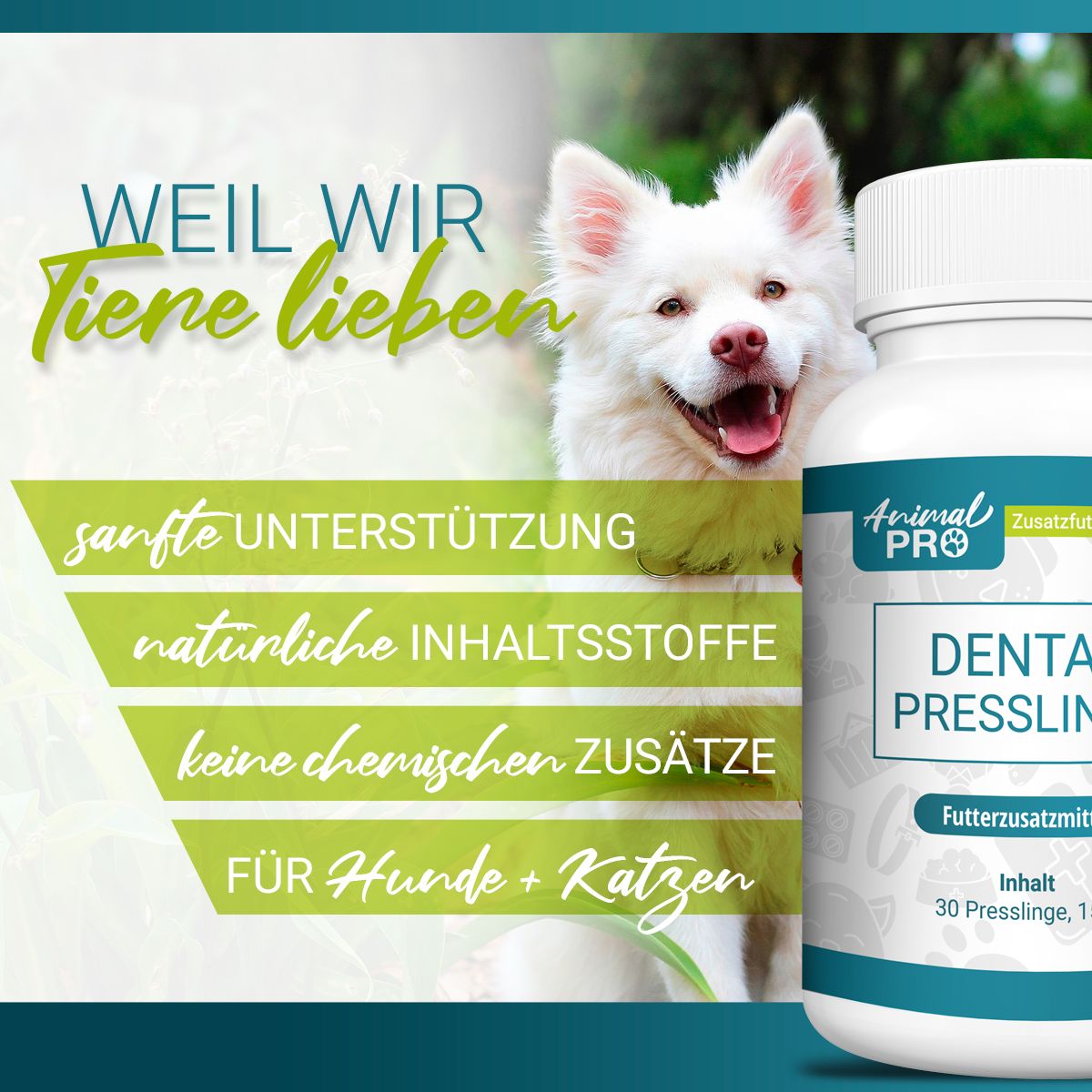 Weißer Hund mit Flasche "Animal Pro Dental Presslinge". Text: "Weil wir Tiere lieben". Weitere Texte: sanfte Unterstützung, natürliche Inhaltsstoffe.