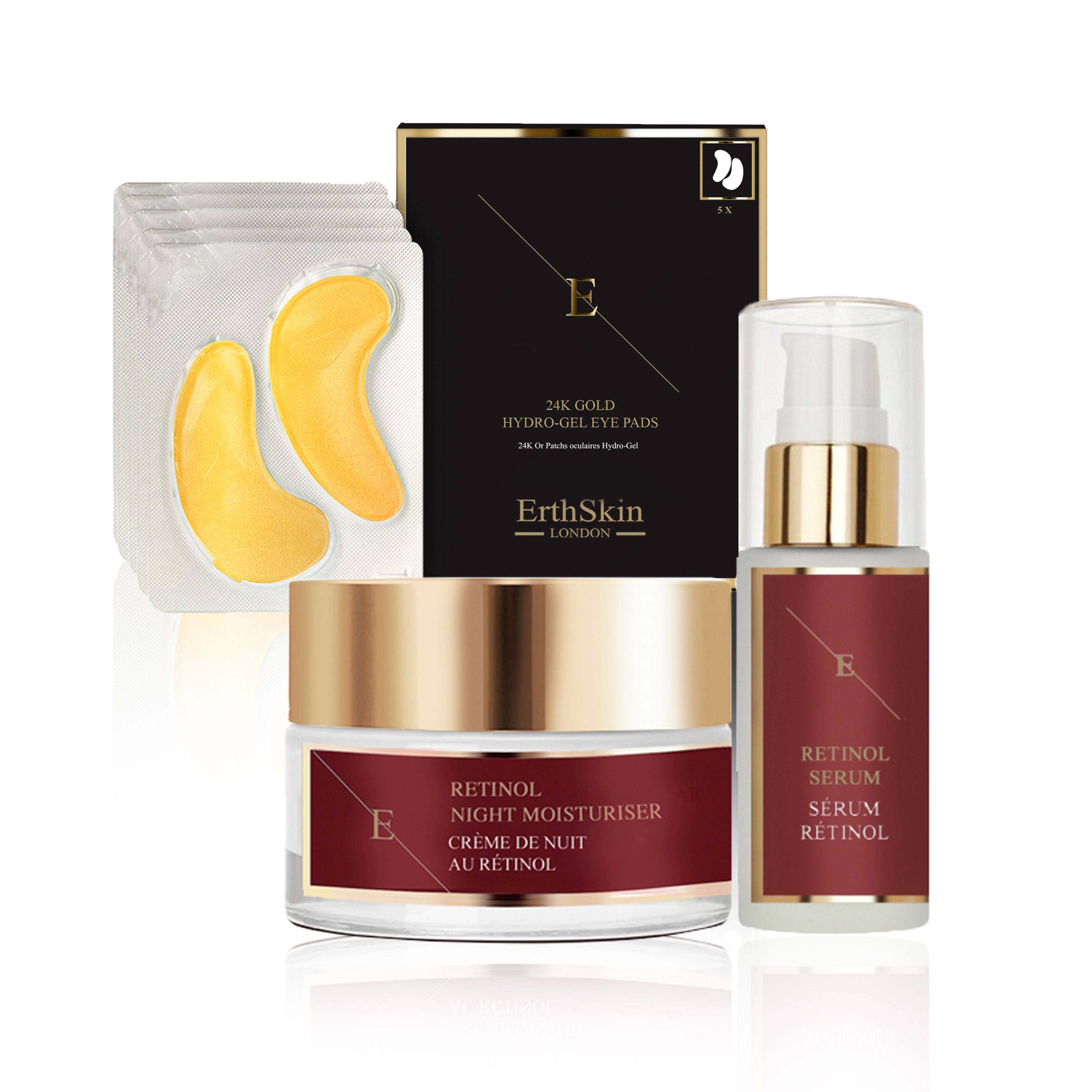 ErthSkin London RETINOL SERUM + RETINOL Feuchtigkeitscreme für die Nacht + PADS Augenklappen set