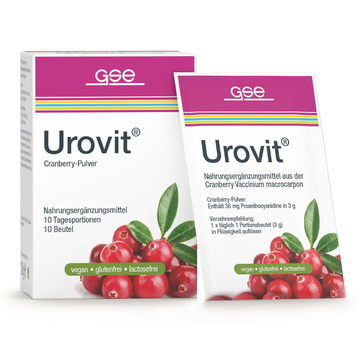 Zwei Packungen GSE Urovit Cranberry-Pulver. Eine Schachtel und ein Beutel mit Produktinformationen und Cranberry-Abbildung. Vegan, glutenfrei, laktosefrei.