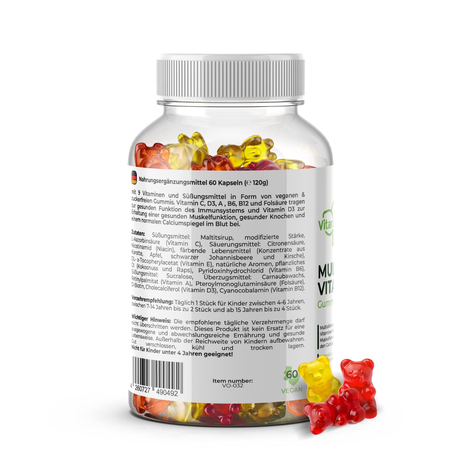 Rückseite der Flasche VitaraOne® Multi-Vitamin Gummibärchen. Enthält Informationen zu Inhaltsstoffen und Nährwerten. Gummibärchen.