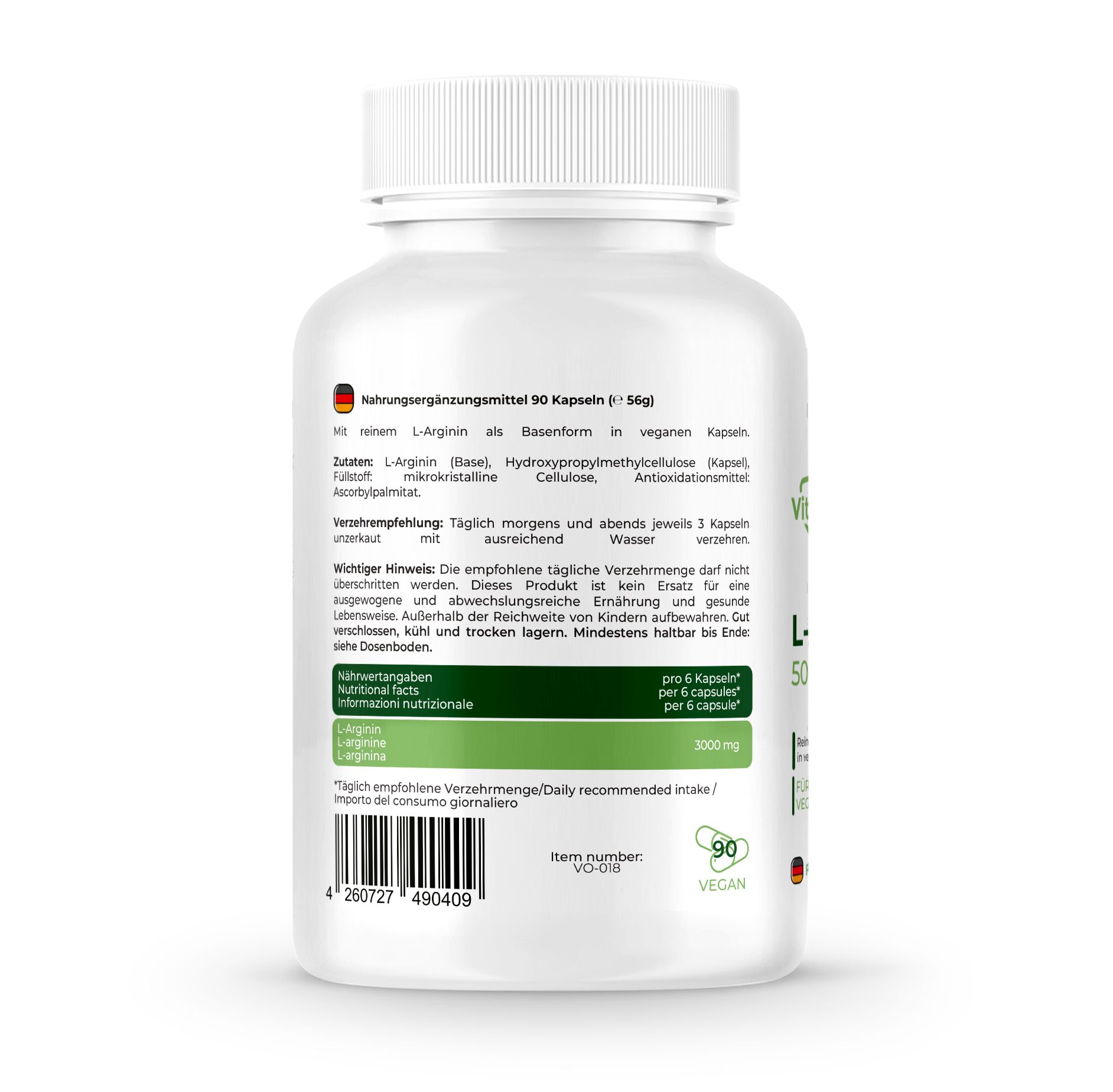 Rückseite einer weißen Flasche. Enthält 90 Kapseln. L-Arginin. Vegan. Nährwertangaben.