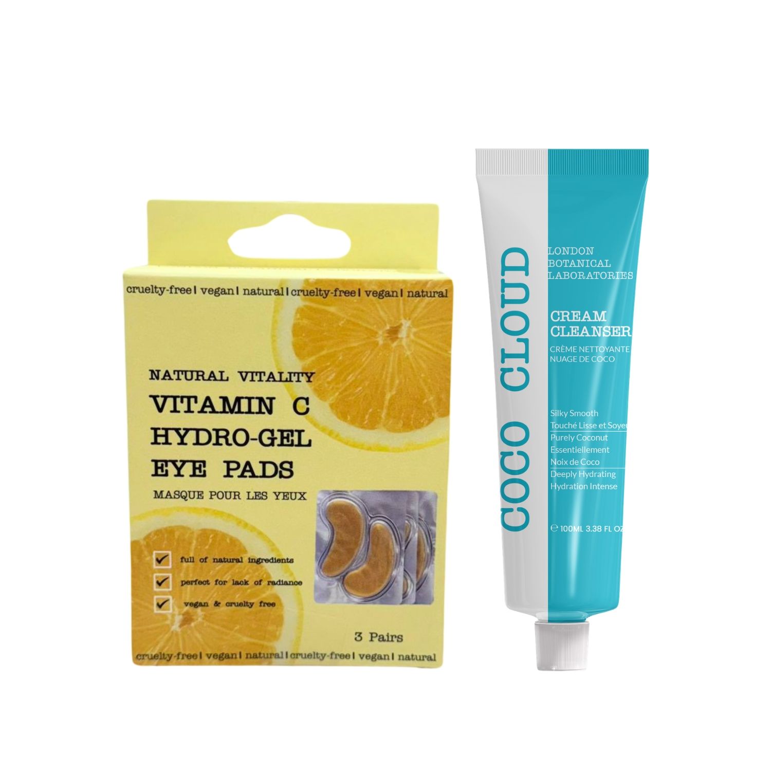 Verpackung mit Augenpads und einer Tube Reinigungsmittel. Enthält Vitamin C Hydro-Gel Augenpads.