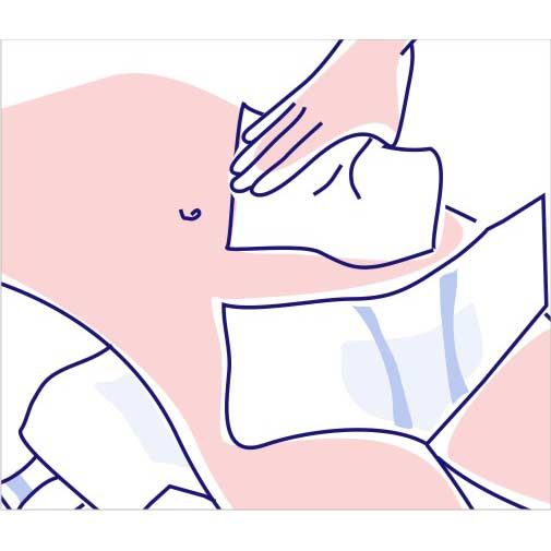 Illustration: Person reinigt Intimbereich mit Feuchtpflegetuch. Rosa Haut, blaue Konturen. Das Tuch ist weiß.