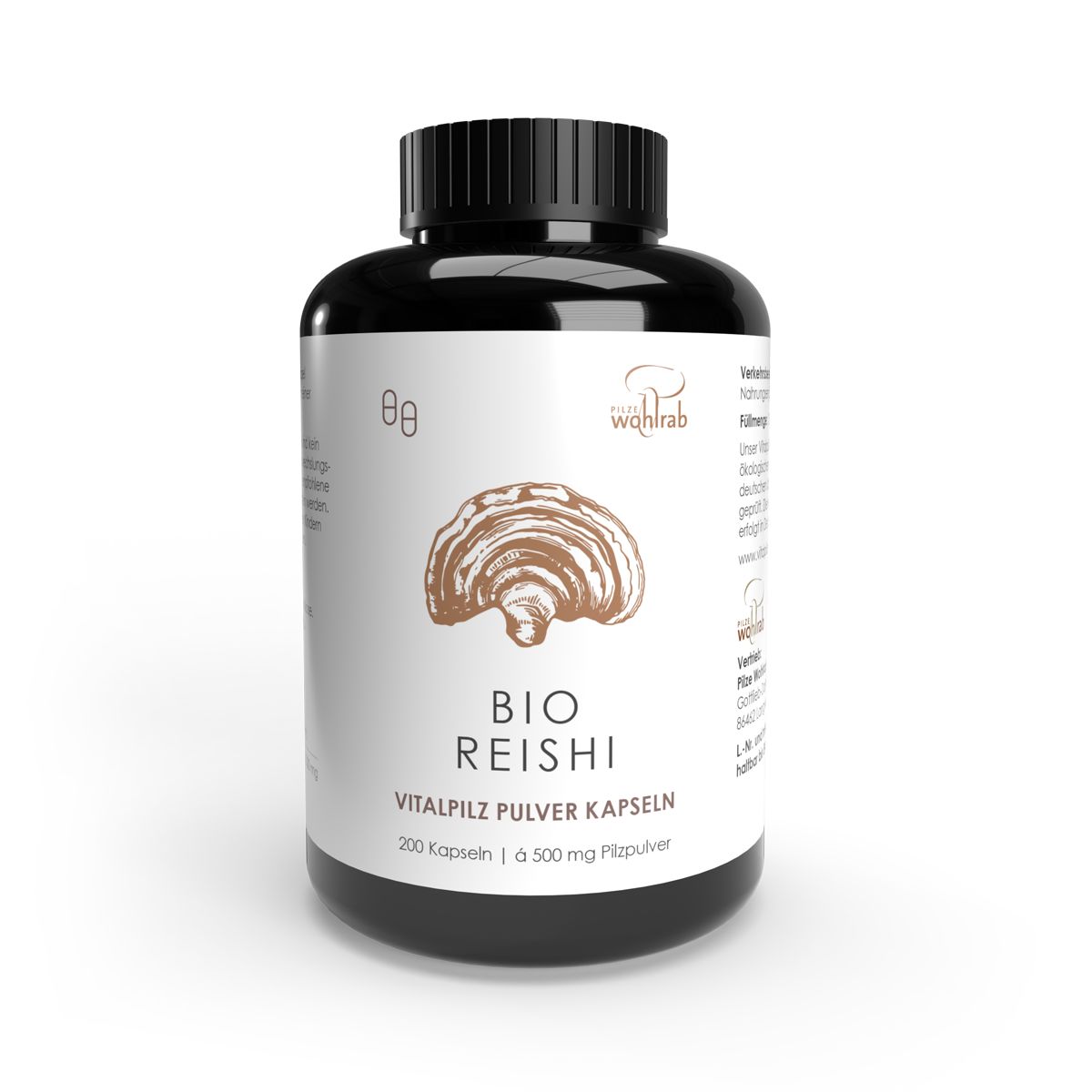 Braune Flasche mit schwarzen Deckel. Etikett mit Pilz-Illustration und Schriftzug BIO REISHI VITALPILZ PULVER KAPSELN.