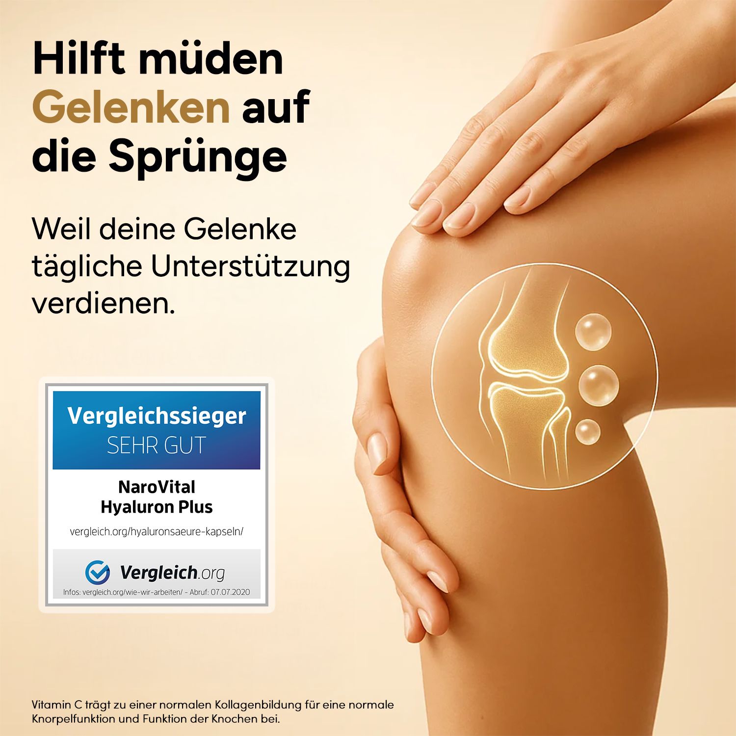 Person hält Knie. Grafik zeigt Gelenk. Text: Vergleichssieger, Narovital Hyaluron Plus. Vergleich.org.