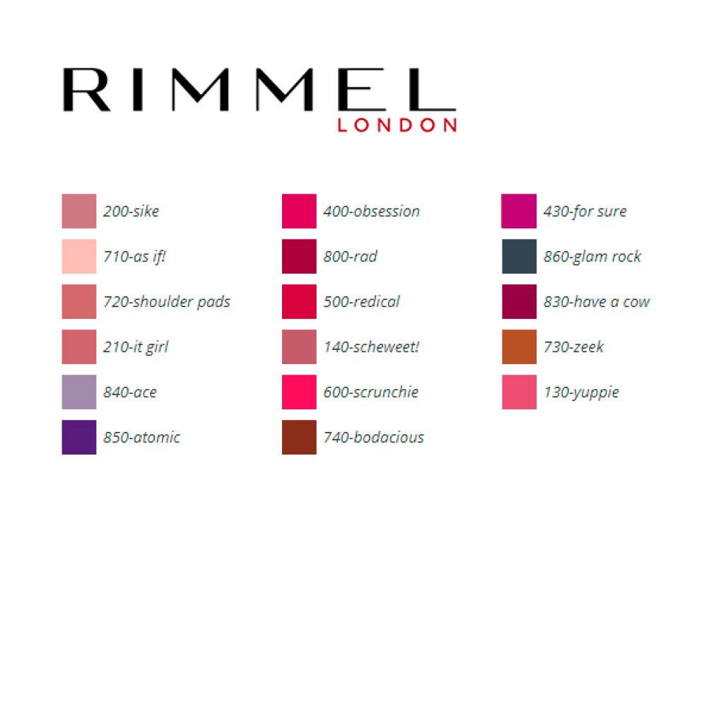 Farbpalette mit Lippenstiftfarben. Aufschrift: Rimmel London. Farben: 730-zeek, 860-glam rock, etc.