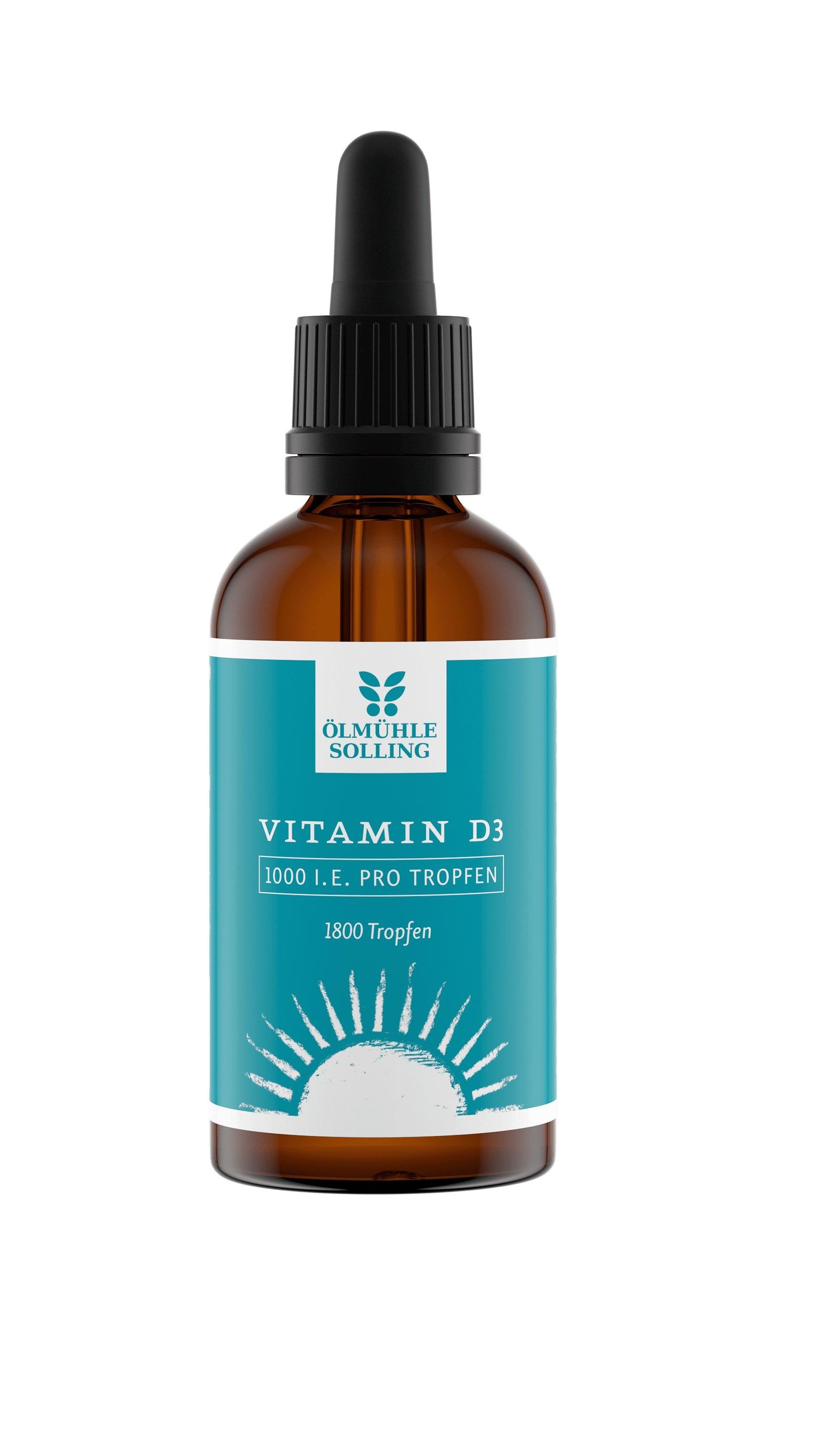 Braune Glasflasche mit schwarzem Tropfer. Aufschrift: Ölmühle Solling Vitamin D3, 1000 I.E. pro Tropfen, 1800 Tropfen.