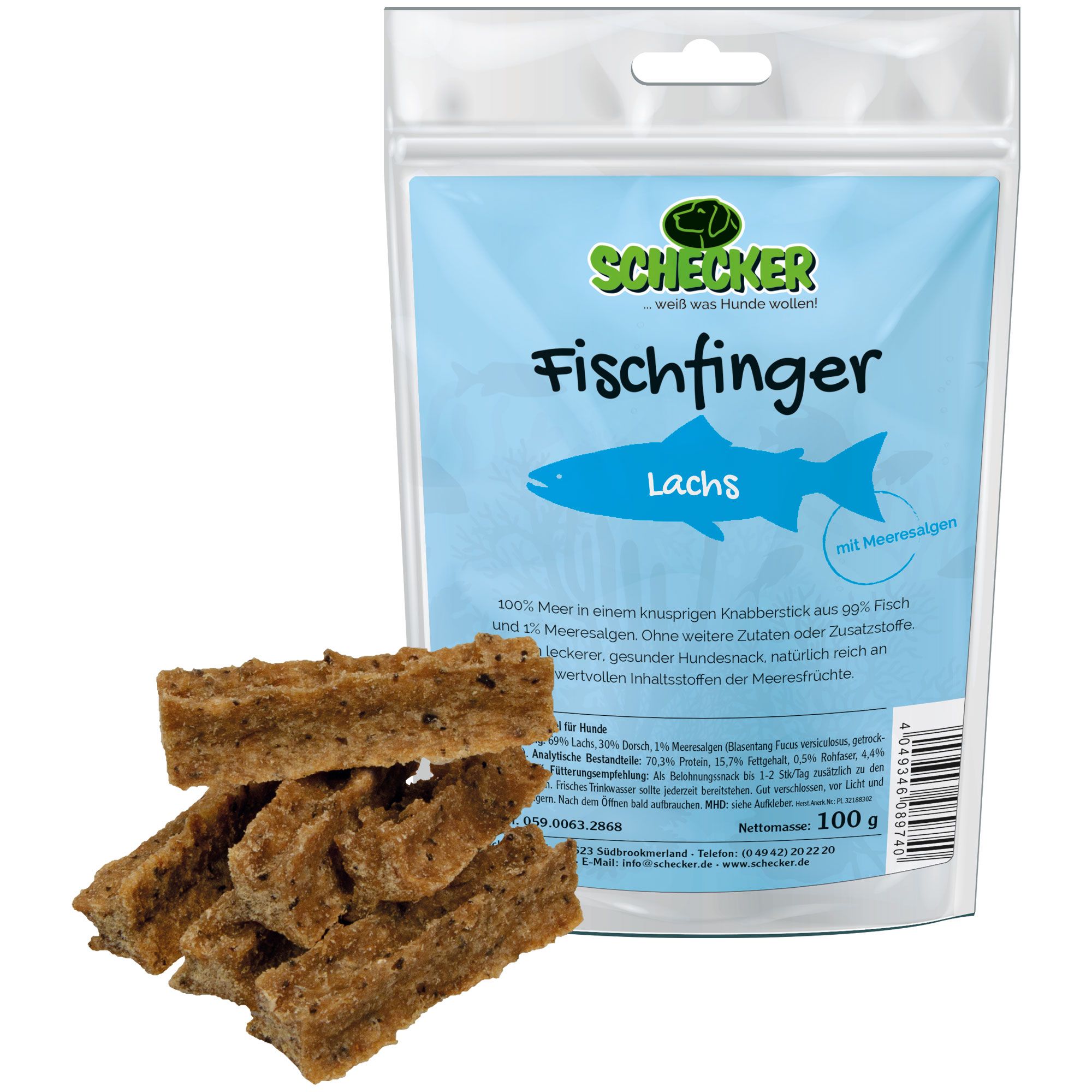 Beutel mit Fischfingern, Lachs-Variante. Einzelne Fischfinger liegen daneben. Aufdruck: Schecker, Fischfinger, Lachs, 99% Fisch.