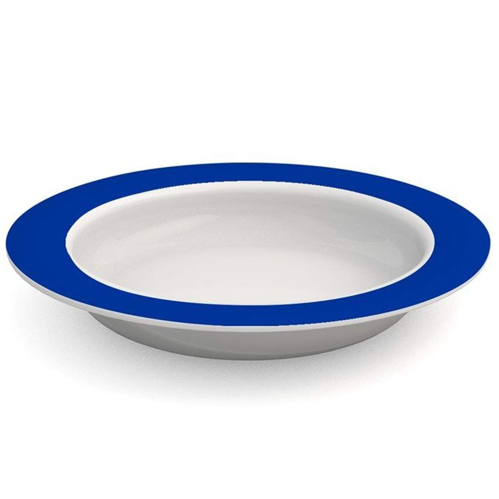 Teller mit blauem Rand. Weißer Innenraum. Seitenansicht.