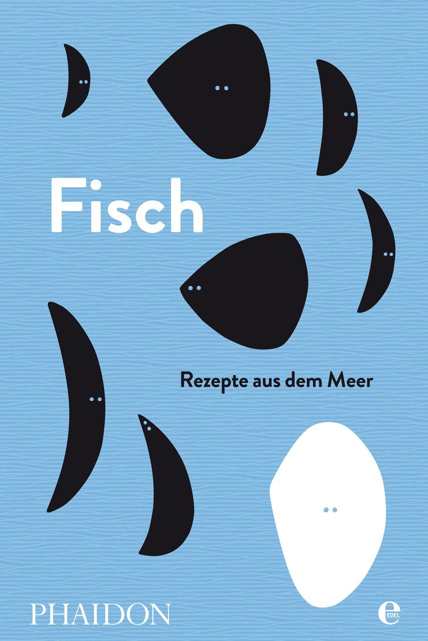 Buchcover mit blauem Hintergrund und Fisch-Illustrationen. Titel: Fisch. Untertitel: Rezepte aus dem Meer. Verlag: Phaidon.