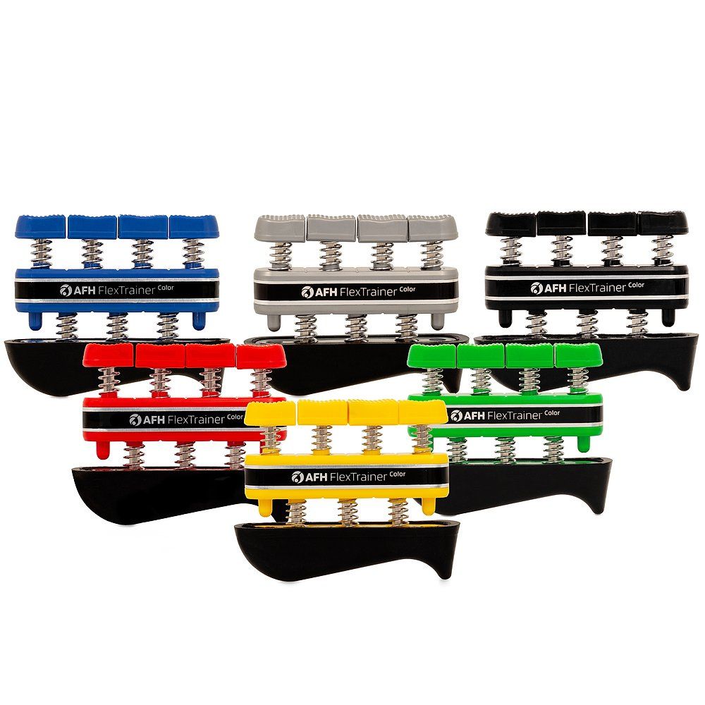 Sechs Fingertrainer in den Farben Schwarz, Grau, Blau, Grün, Rot und Gelb.