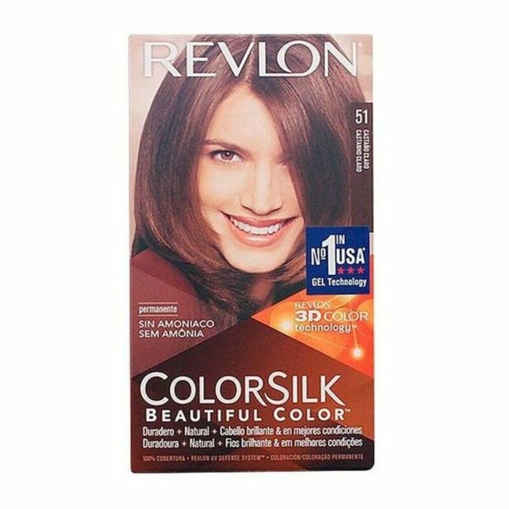 Revlon Colorsilk Packung. Aufdruck: 51 Castaño Claro, ohne Ammoniak. Abbildung einer Frau mit braunen Haaren. Produktverpackung.